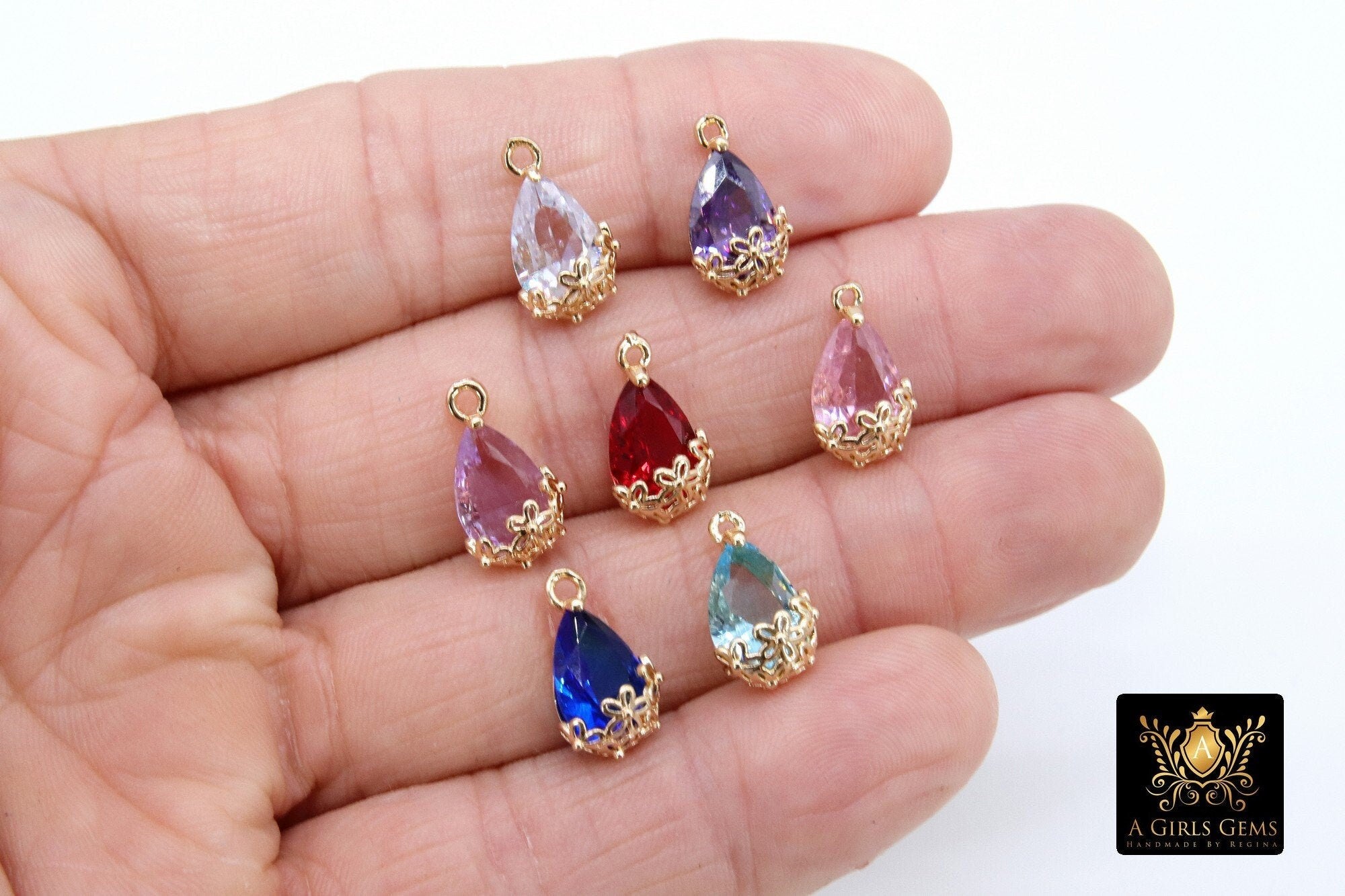 Gold Teardrop Charm, Oval Gold Colorful Flower Filigree #2540, Red Pink Blue Mint Green Purple Egg Bead Crystals
