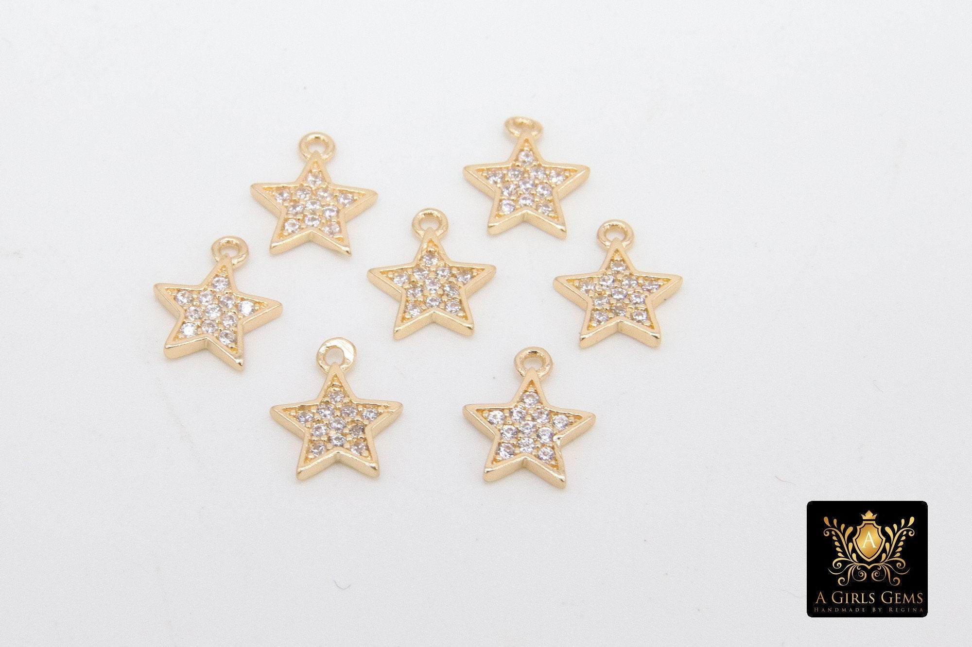 CZ Micro Pave Gold Star Charms, Silver Mini Star Dangles #14, Cubic Zirconia Small Mini Stars