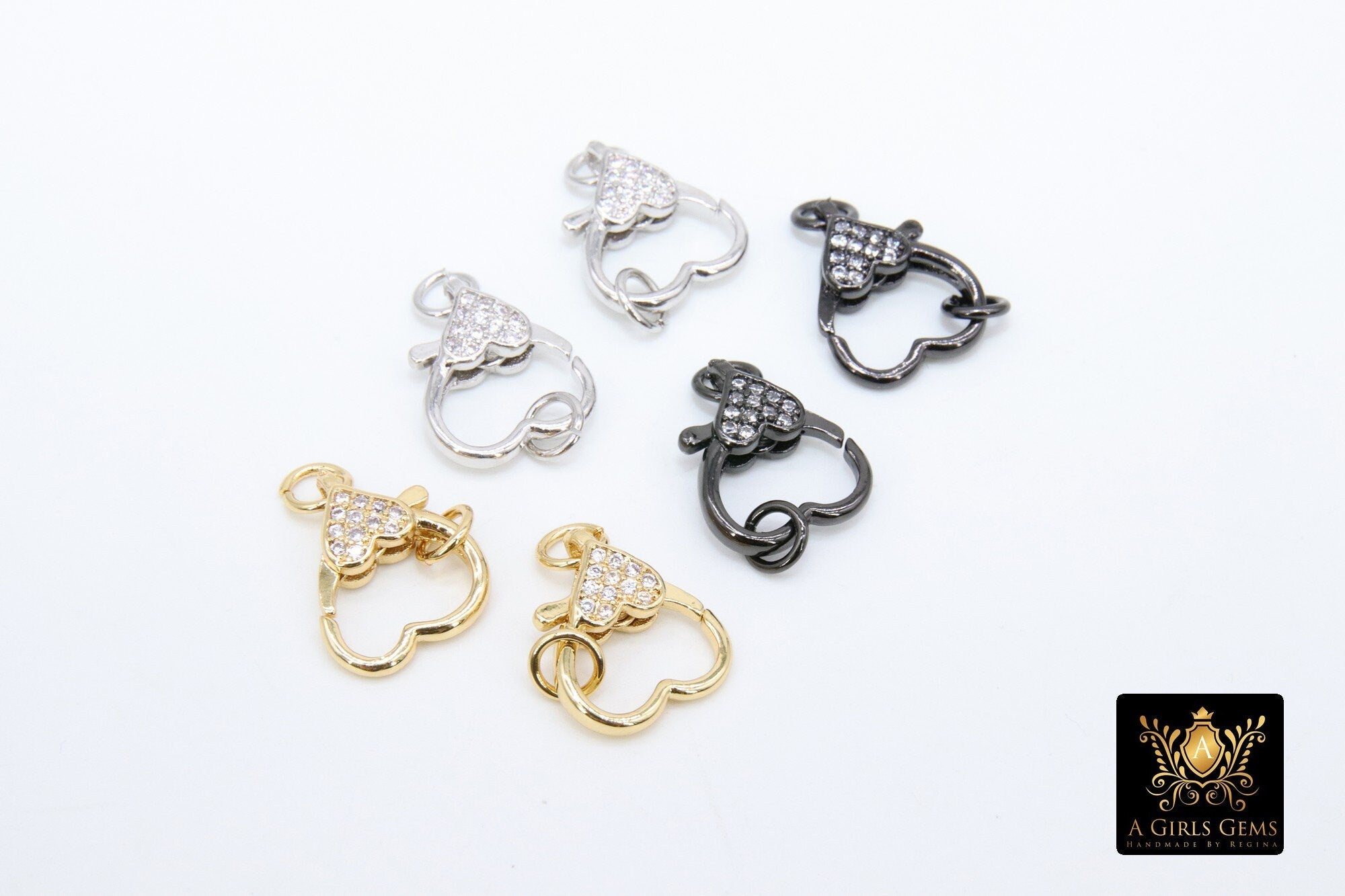 CZ Pave Gold Heart Lobster Clasps, Silver Heart Shape Claw #2352, Black Jewelry Clip Connectors