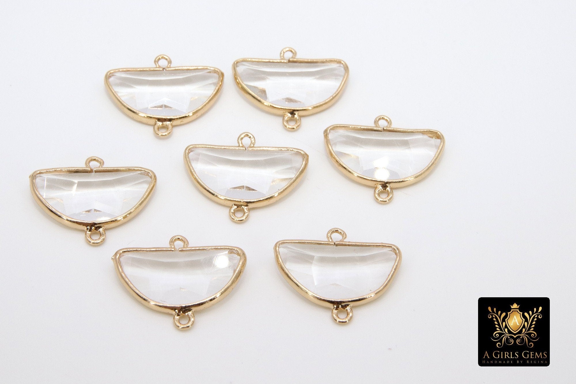 Gold Half Moon Crystal Connectors, 2 Pcs Semi Circle Links AG 647, Small or Medium Open Loop in Clear Crystal Glass
