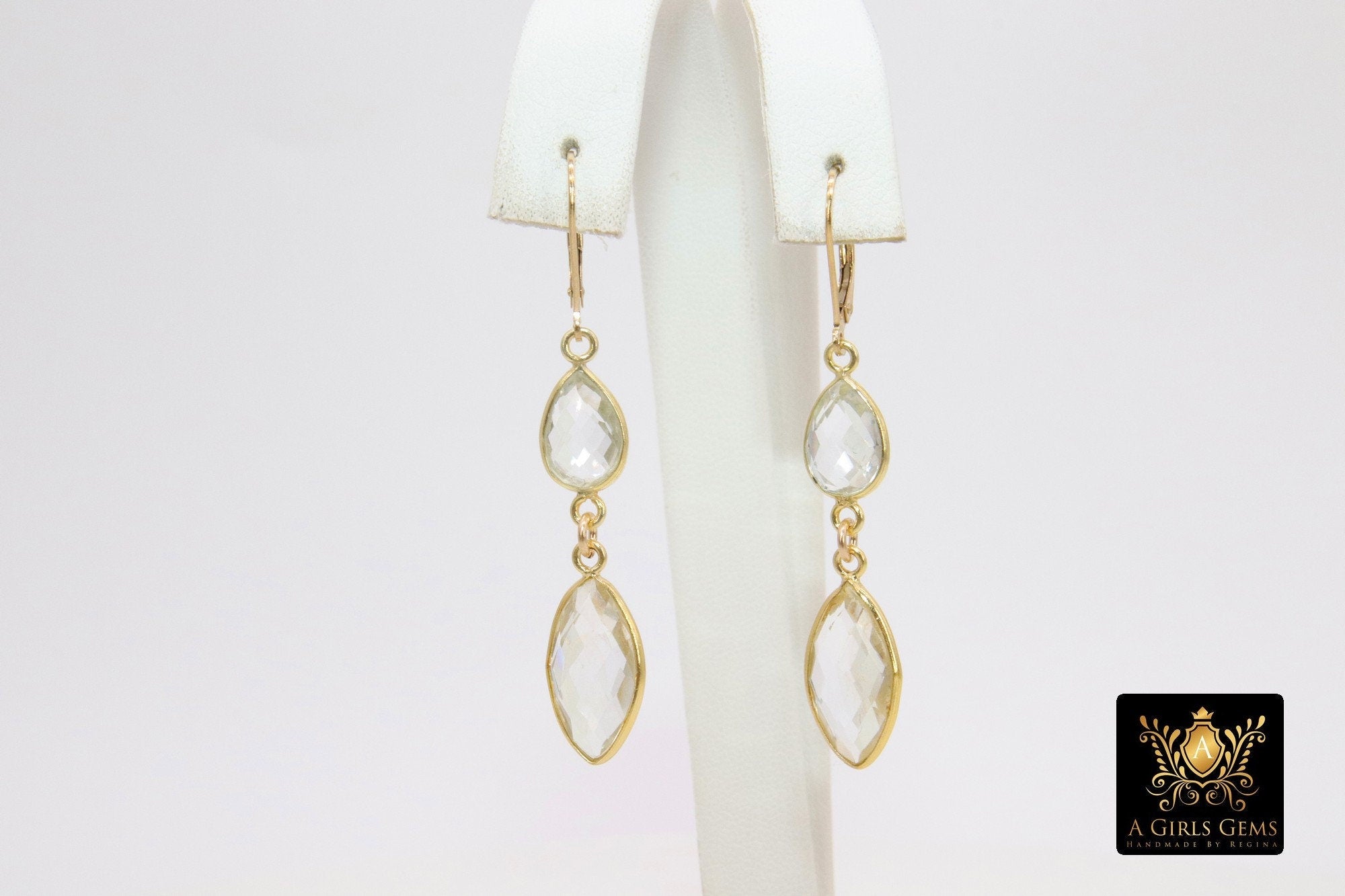 Rose Quartz and Blue Topaz Gold Earrings, 14 K Gold Filled Lever Back Hooks, Marquis Leaf Gemstone Dangle Earrings