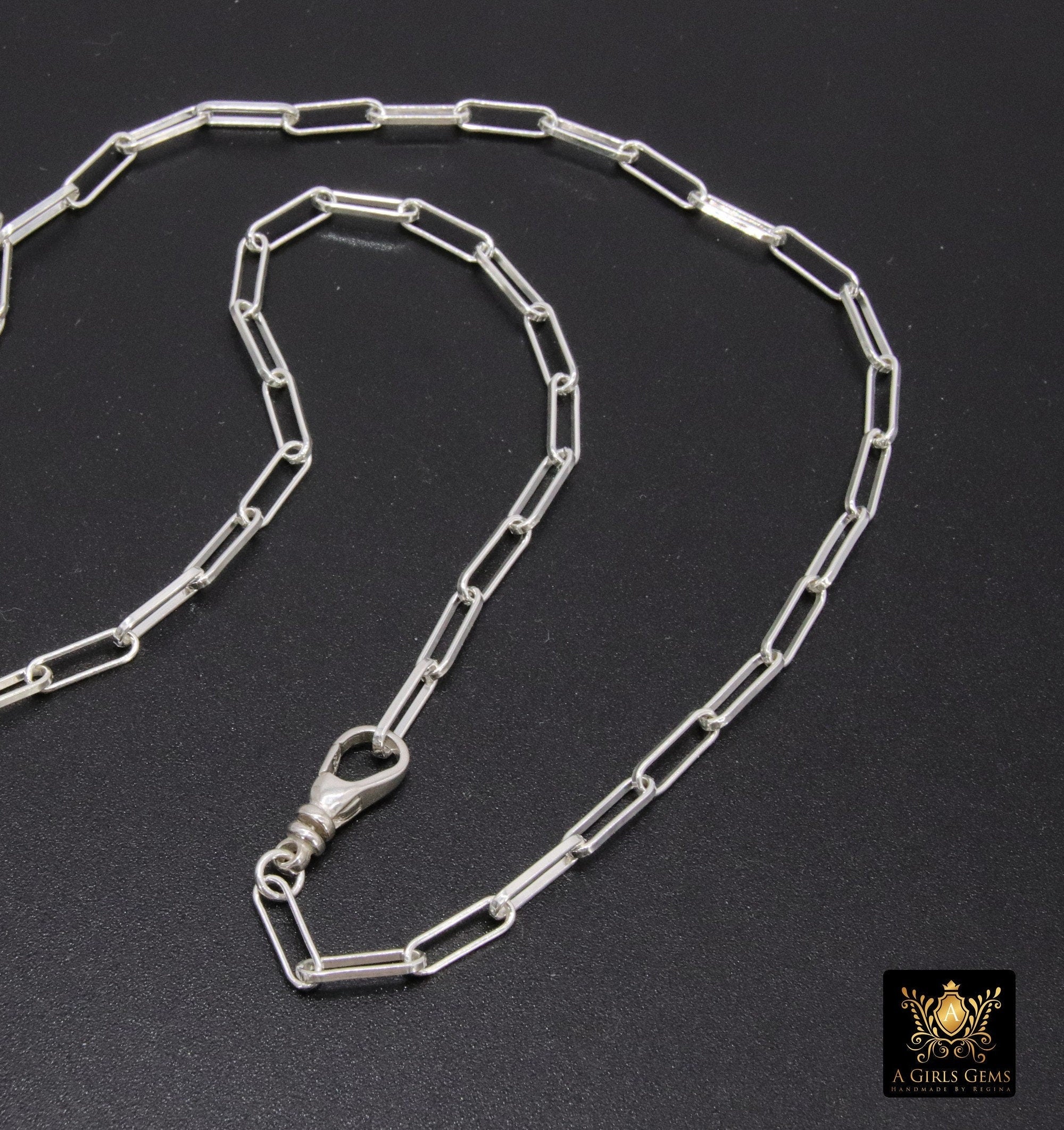 925 Sterling Silver Double Fob Necklace, Fob Swivel Charm Chain #939, Silver Drawn Paperclip Chain