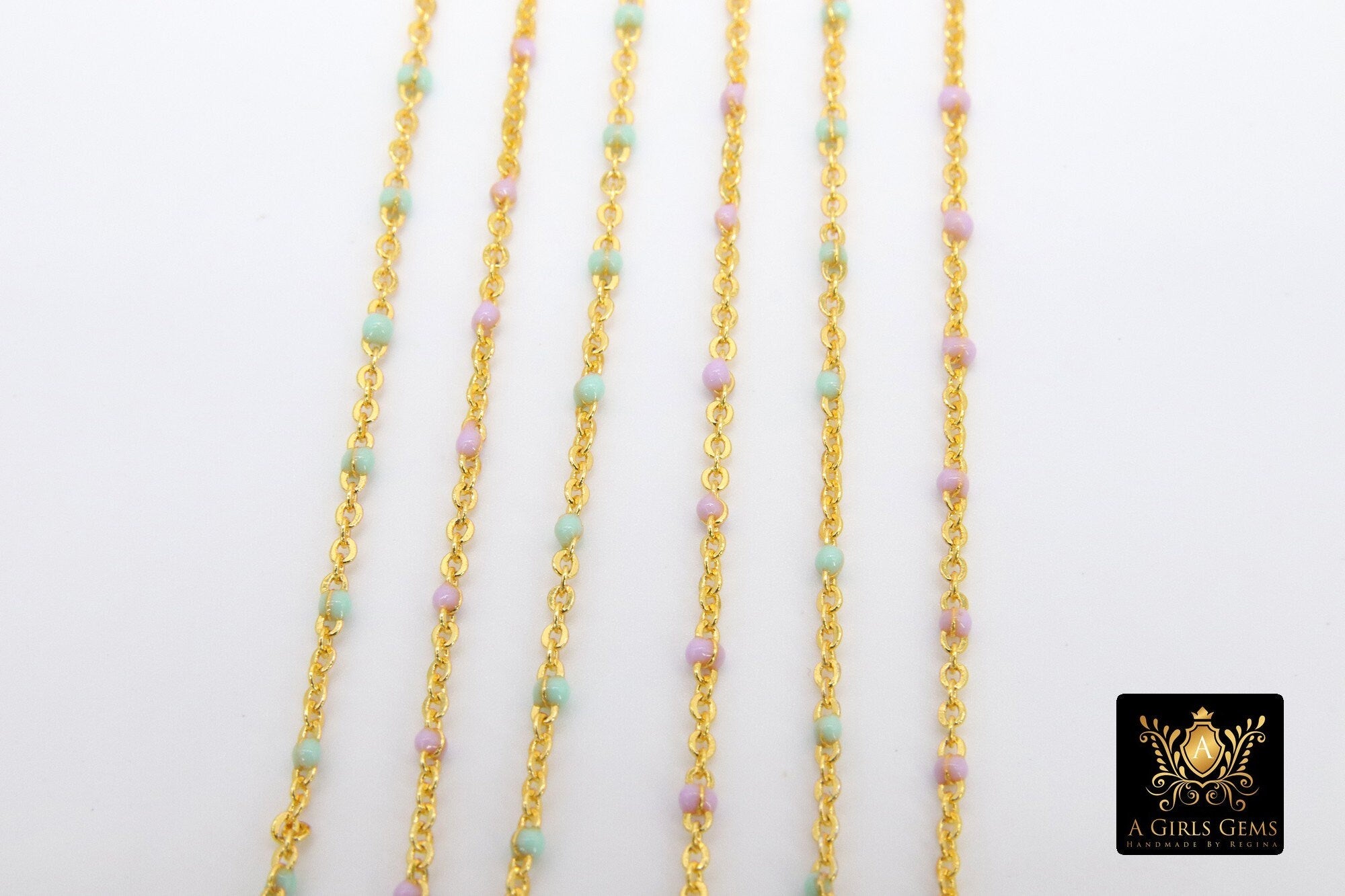 Dainty Gold Beaded Satellite Enamel Chain, Soft Pink Jewelry Chain CH #619, Soft Mint Green Beaded Chain