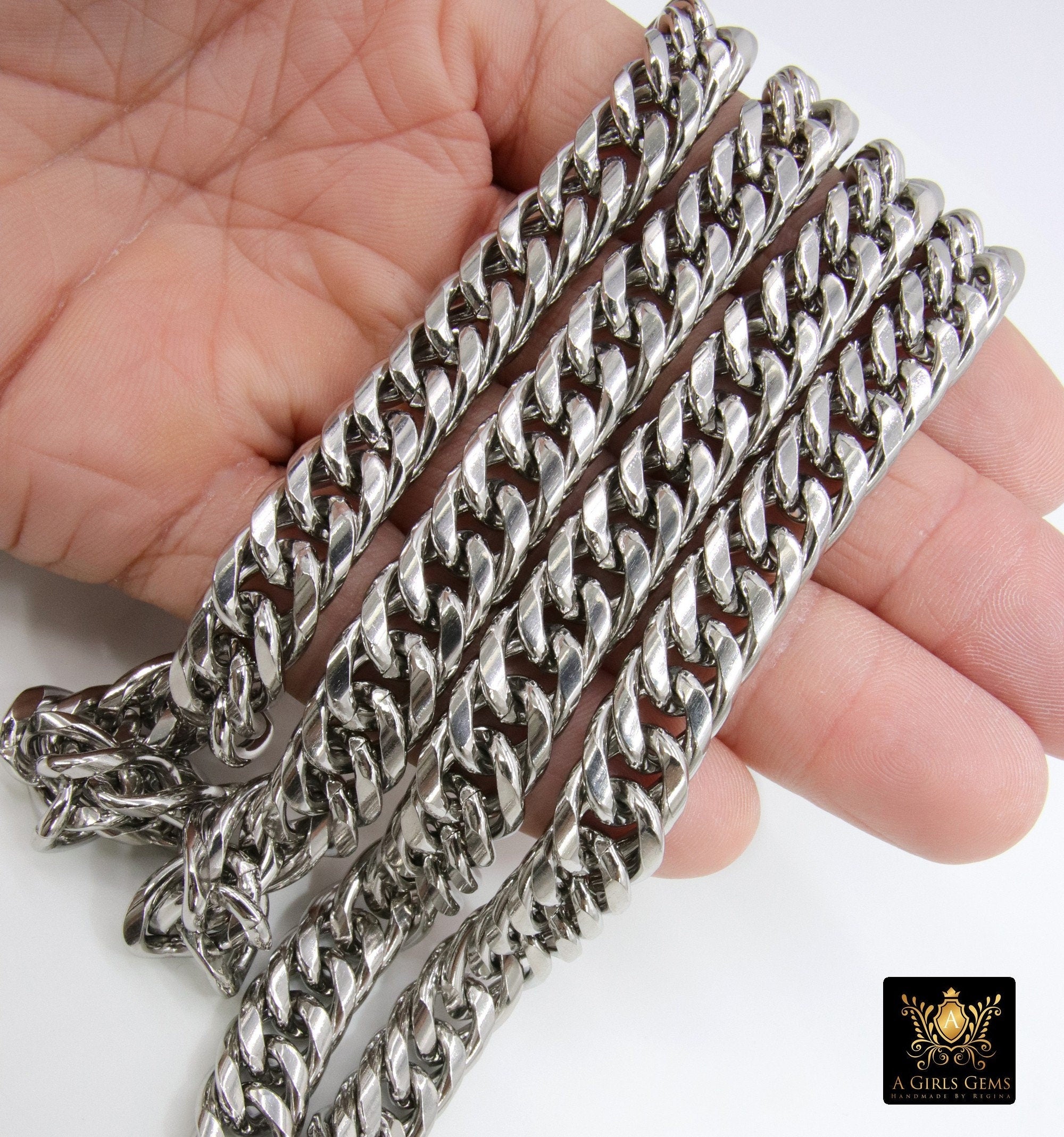 Silver Curb Chain, 304 Stainless Steel Large Heavy Flat 16.5 mm CH #249, Cuban Diamond Cut 11.6 mm Oval Unfinished Gold Chains