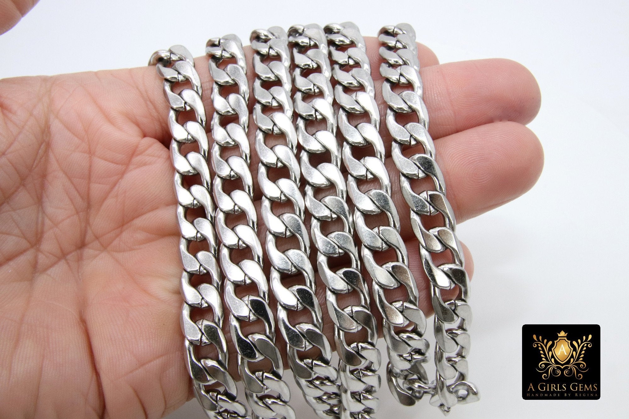 Silver Curb Chain, 304 Stainless Steel Large Heavy Flat 13.0 mm CH #256, 10 mm Cuban Smooth Chunky Oval Unfinished Chains