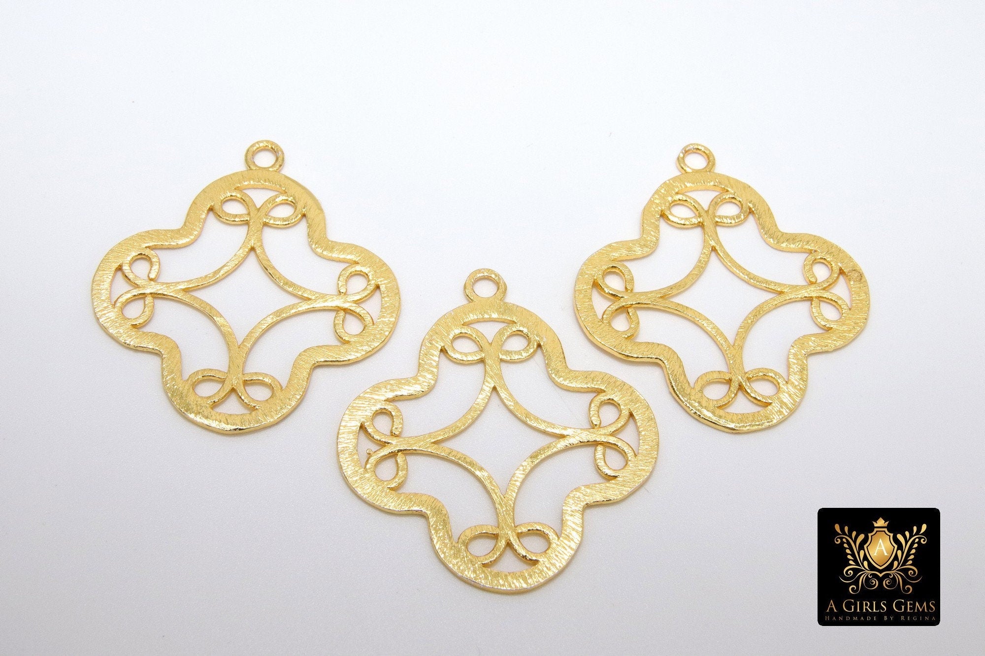 Large Quatrefoil Charm, Brushed Gold Soldered Filigree Clover #668, Earrings or Necklace Pendants 36 x 40 mm
