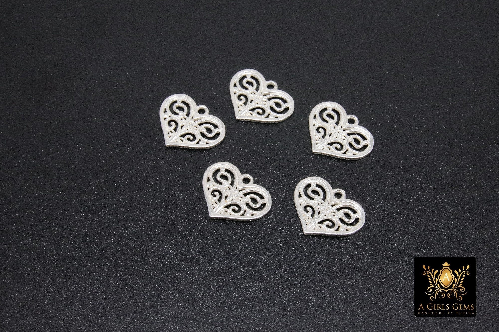 925 Sterling Silver Heart Charm, Silver Filigree Hearts #2149, Huggie charms