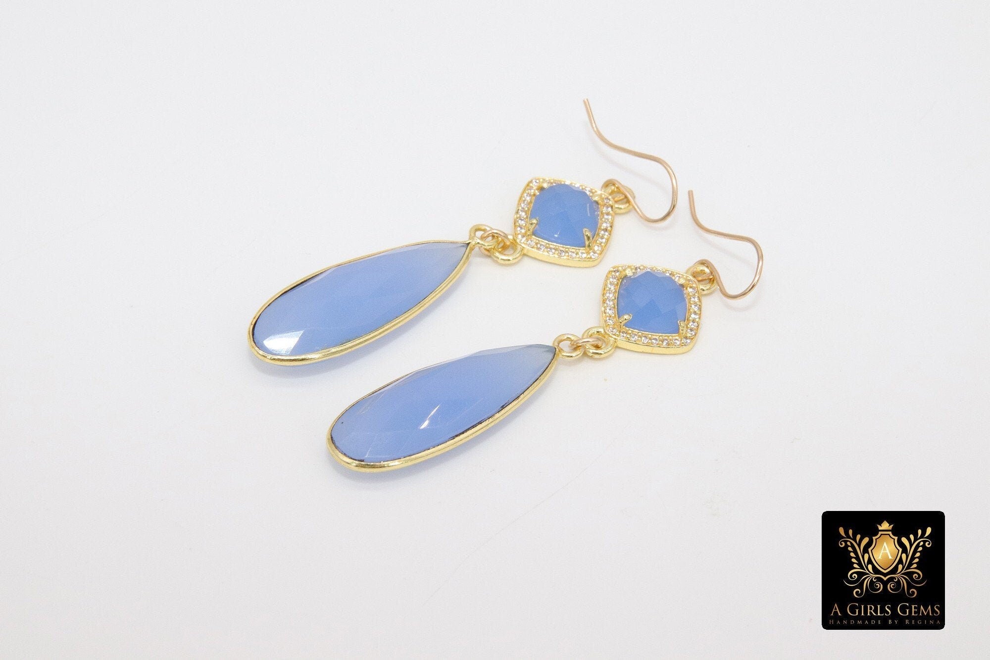 14 K Gold Filled Hooks, Blue Chalcedony CZ Earrings