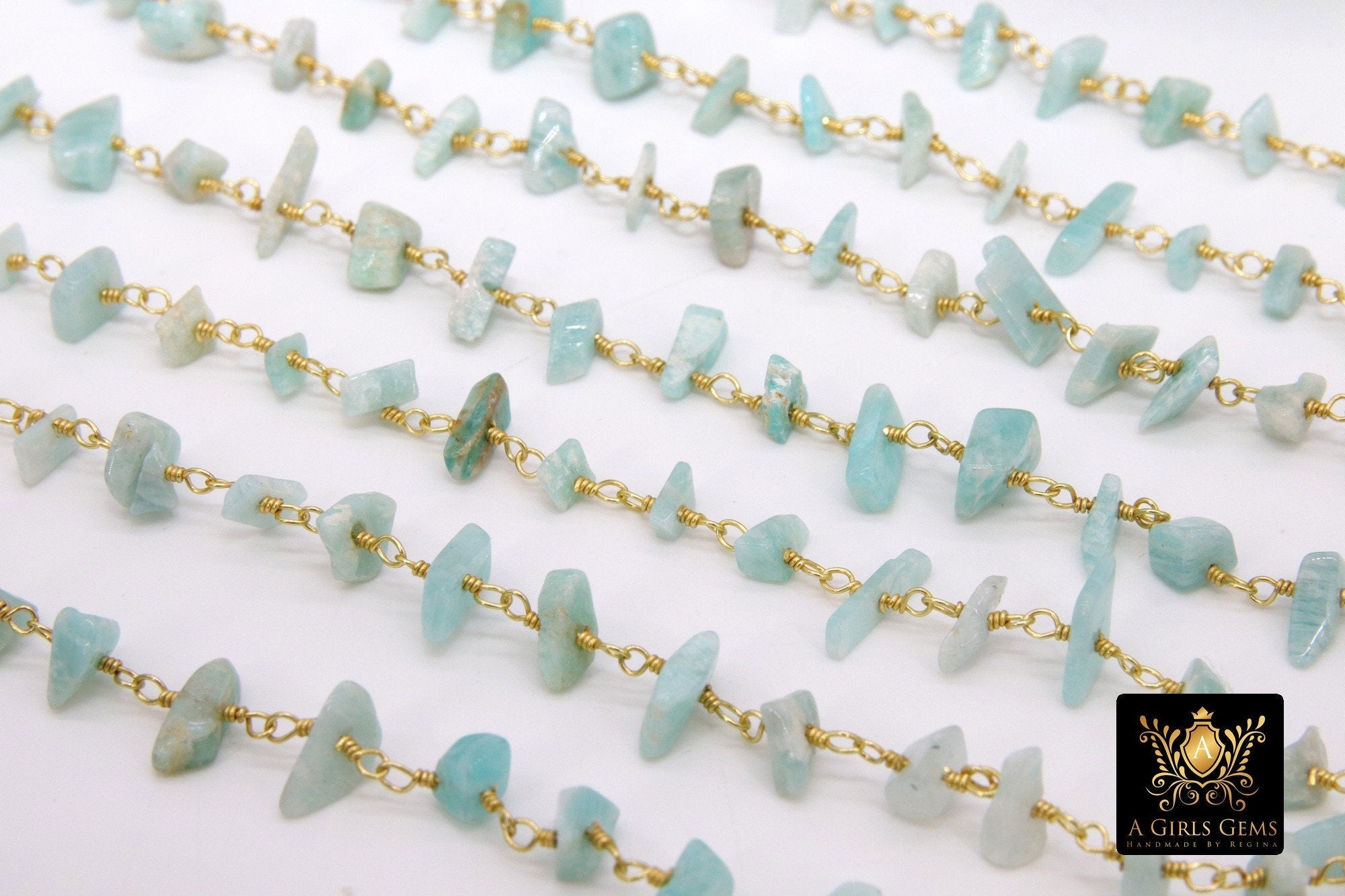 Natural Moonstone Rosary Nugget Chain, 4 mm Beaded Chips CH #347, Gold Wire Wrapped Rosary Chain