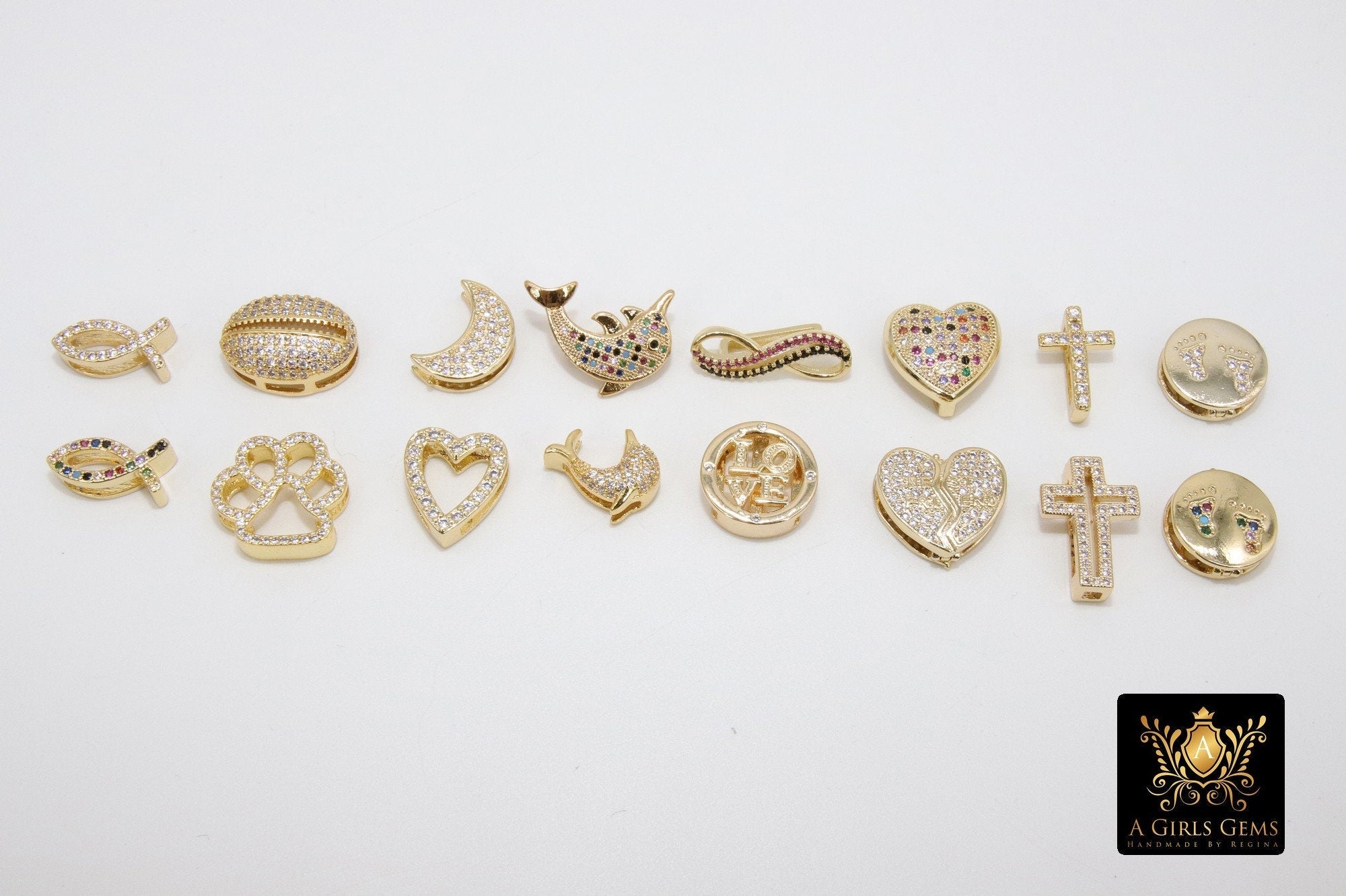 CZ Micro Pave Gold Heart Slider Charms, Butterfly Slider Bracelet, Ladybug Slide