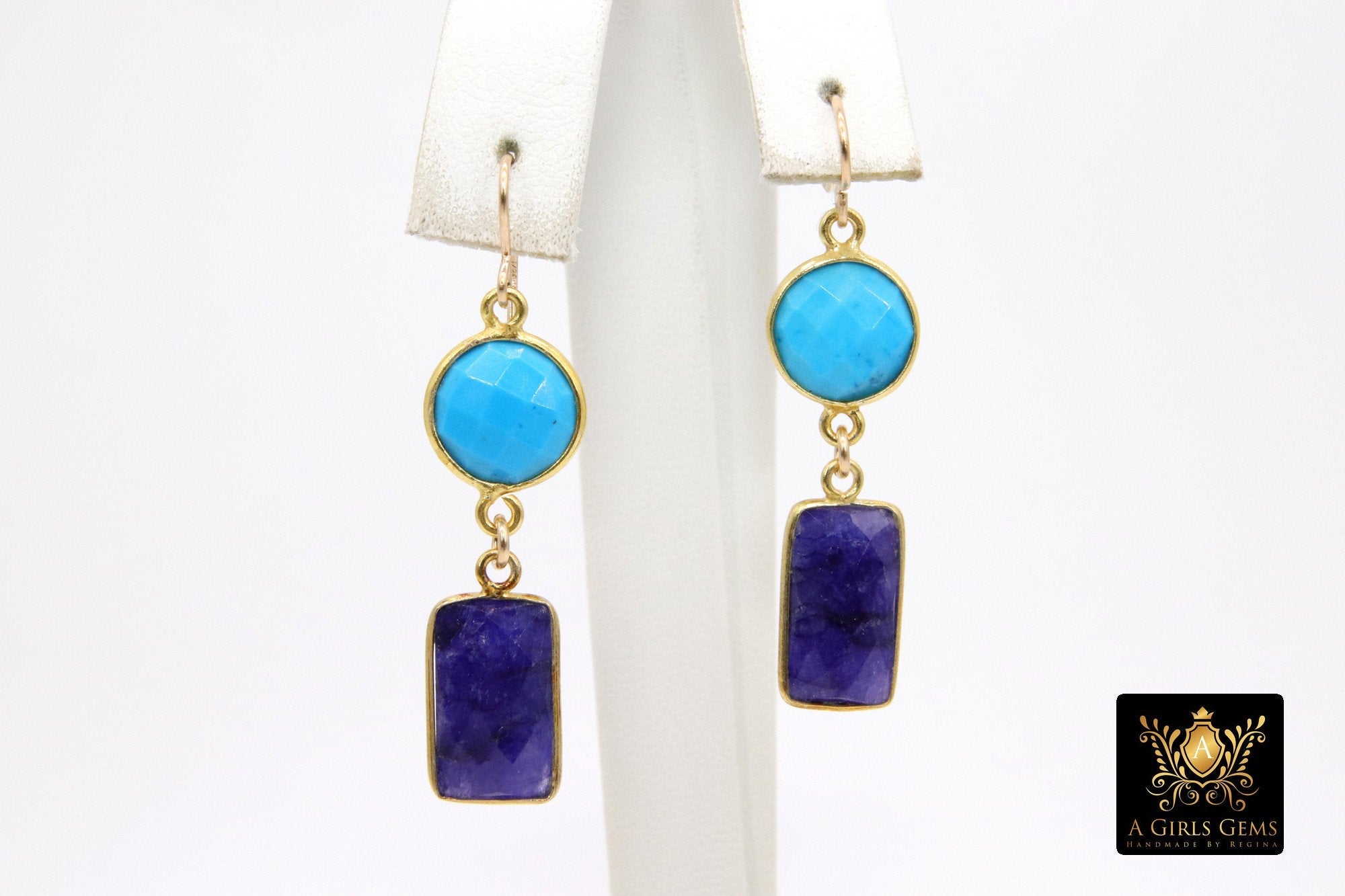 14 K Gold Blue Turquoise Earrings, Southwestern Gemstone Dangle Ear Wire Hooks, Baby Blue Howlite Jewelry