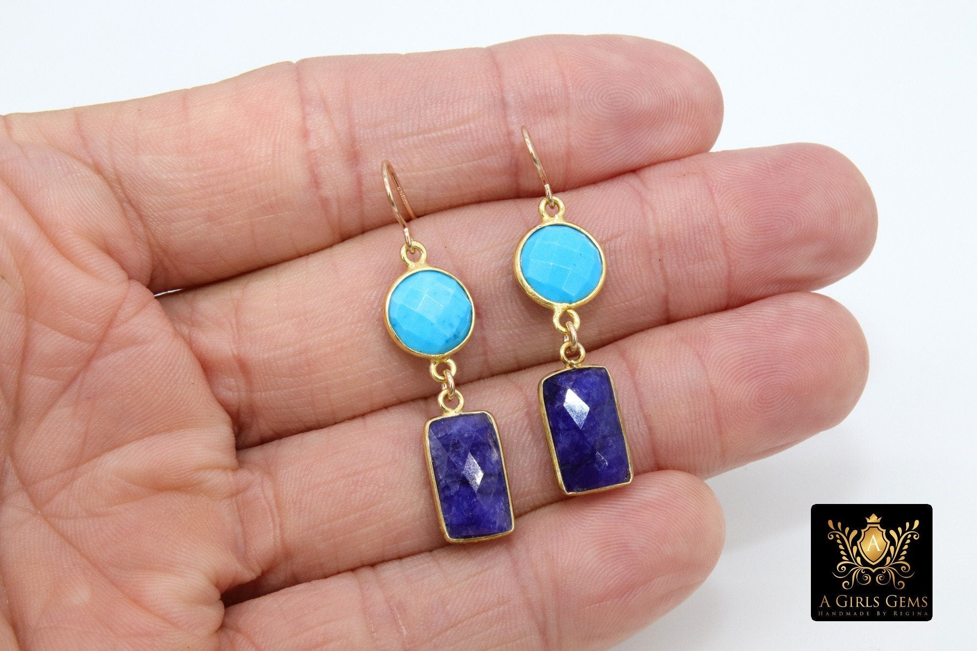 14 K Gold Blue Turquoise Earrings, Southwestern Gemstone Dangle Ear Wire Hooks, Baby Blue Howlite Jewelry
