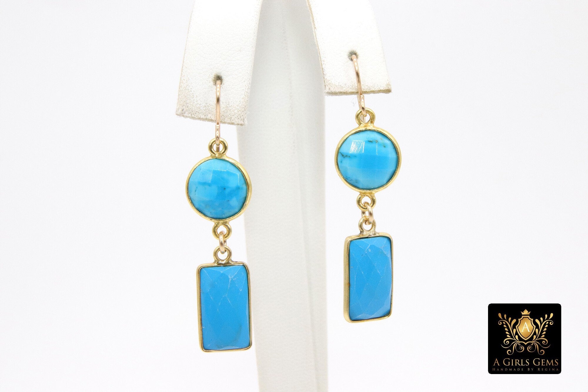 14 K Gold Blue Turquoise Earrings, Southwestern Gemstone Dangle Ear Wire Hooks, Baby Blue Howlite Jewelry