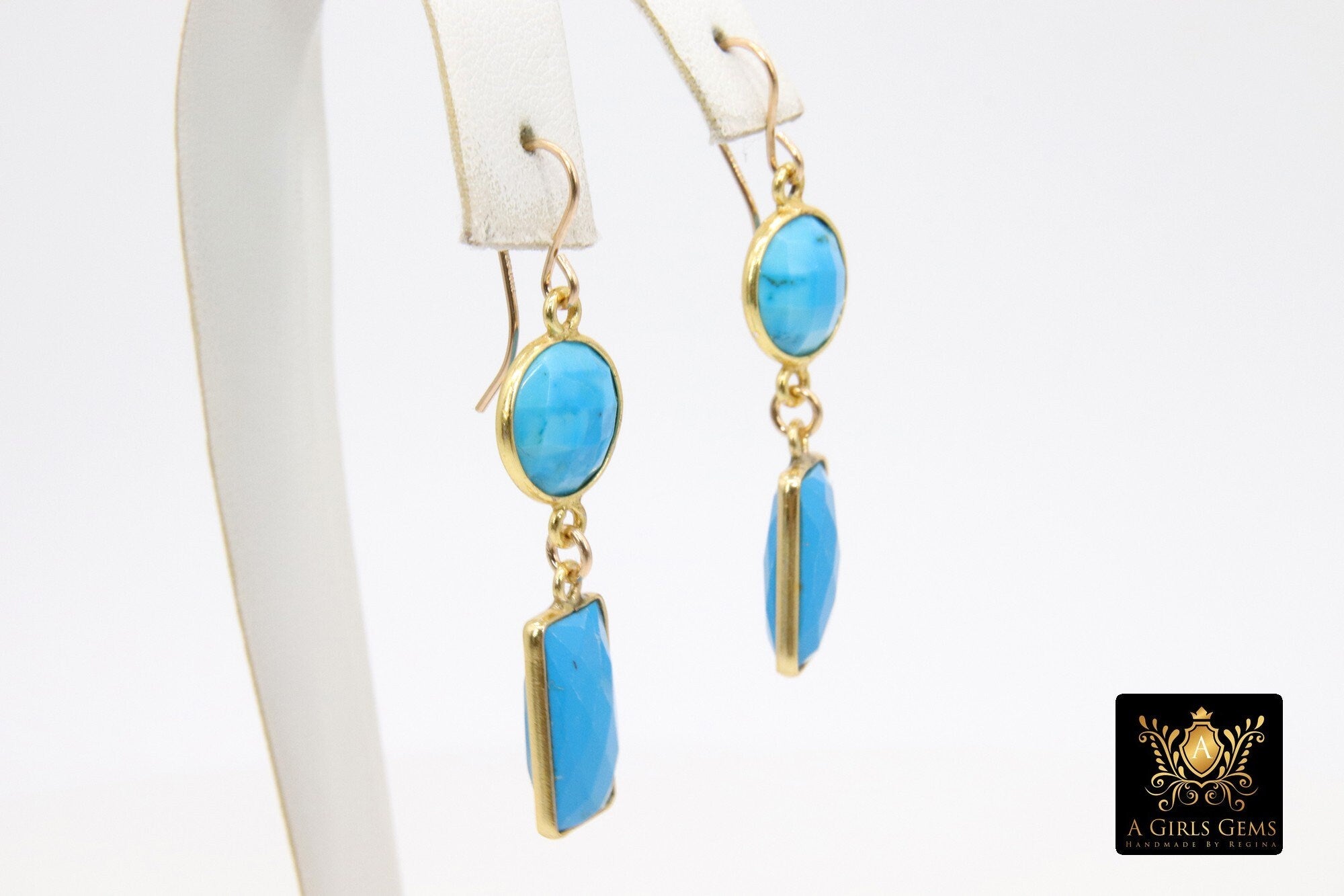 14 K Gold Blue Turquoise Earrings, Southwestern Gemstone Dangle Ear Wire Hooks, Baby Blue Howlite Jewelry