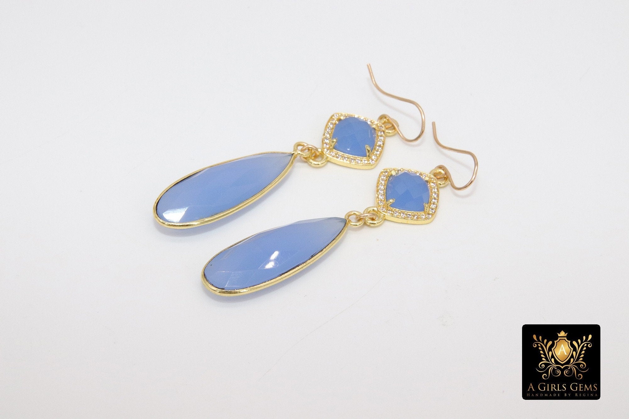 14 K Gold Blue Chalcedony Earrings, Cubic Zirconia Gemstone Dangle Ear Wire Hooks, CZ Baby Blue Jewelry