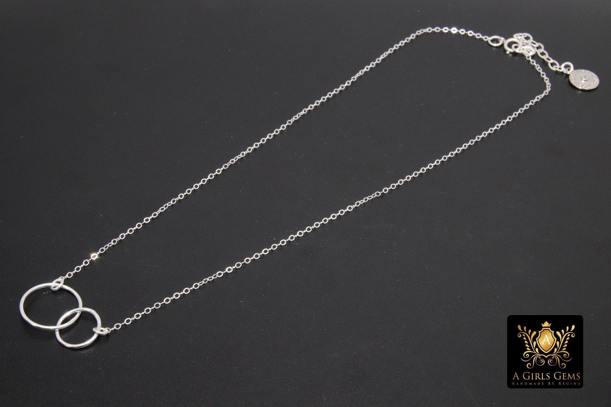 14 K Gold Linked Ring Necklace, 925 Sterling Silver Double Circle Infinity Chokers #684, Adjustable Eternity Forever Jewelry