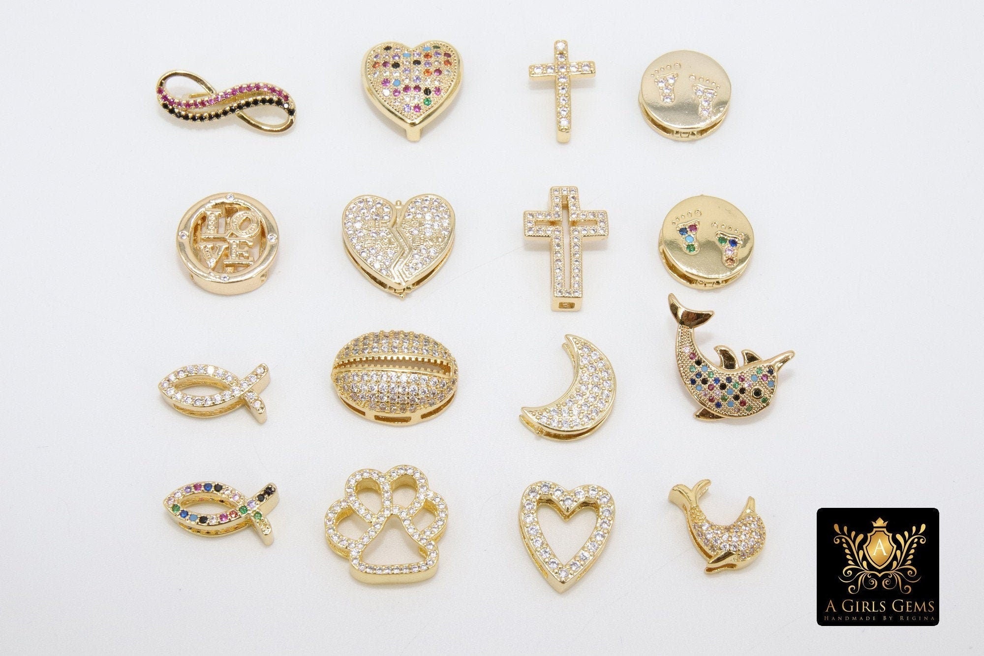 CZ Micro Pave Gold Heart Slider Charms, Butterfly Slider Bracelet, Ladybug Slide