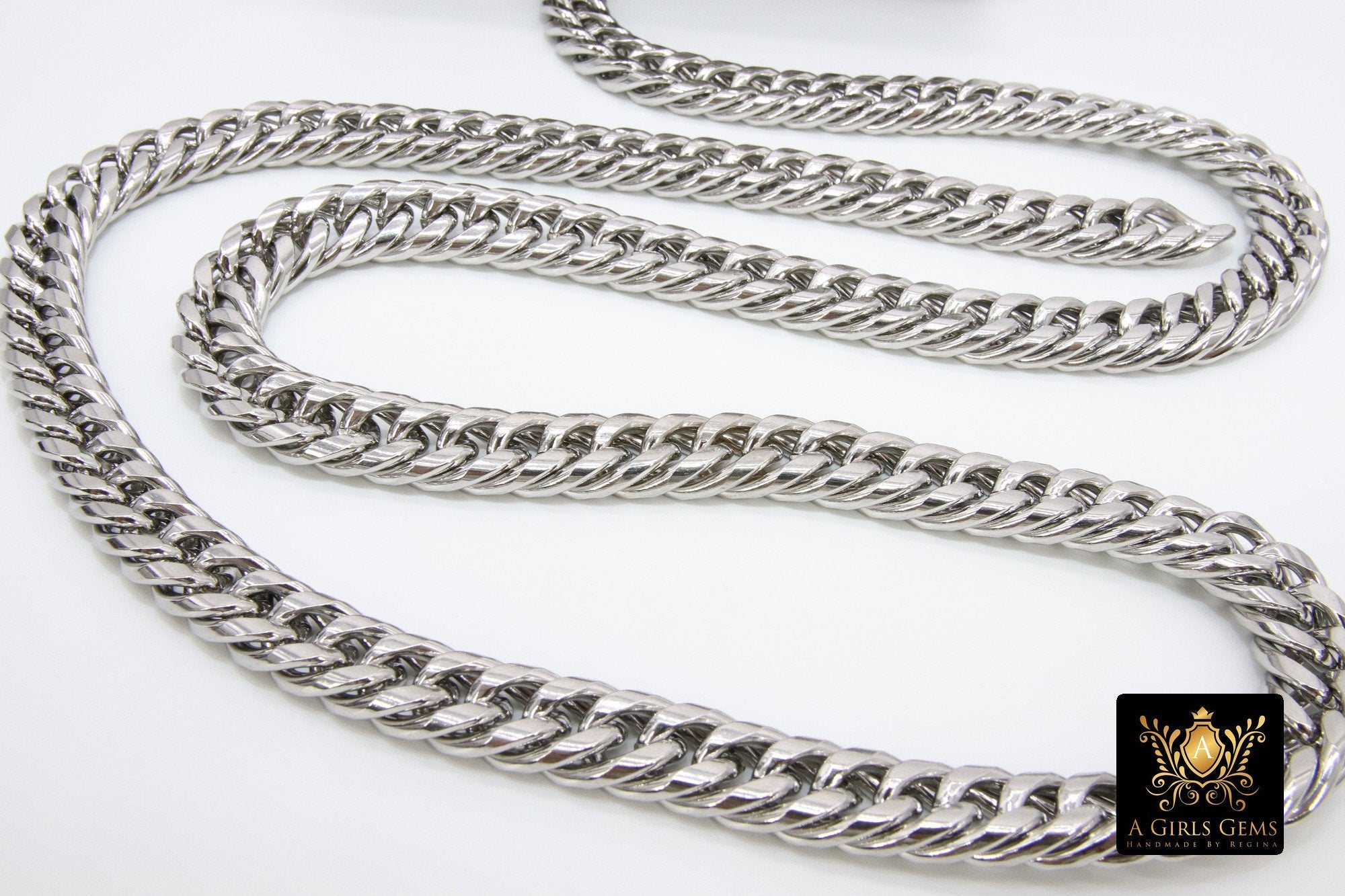 Silver Curb Chain, 304 Stainless Steel Large Heavy Flat 16.5 mm CH #249, Cuban Diamond Cut 11.6 mm Oval Unfinished Gold Chains