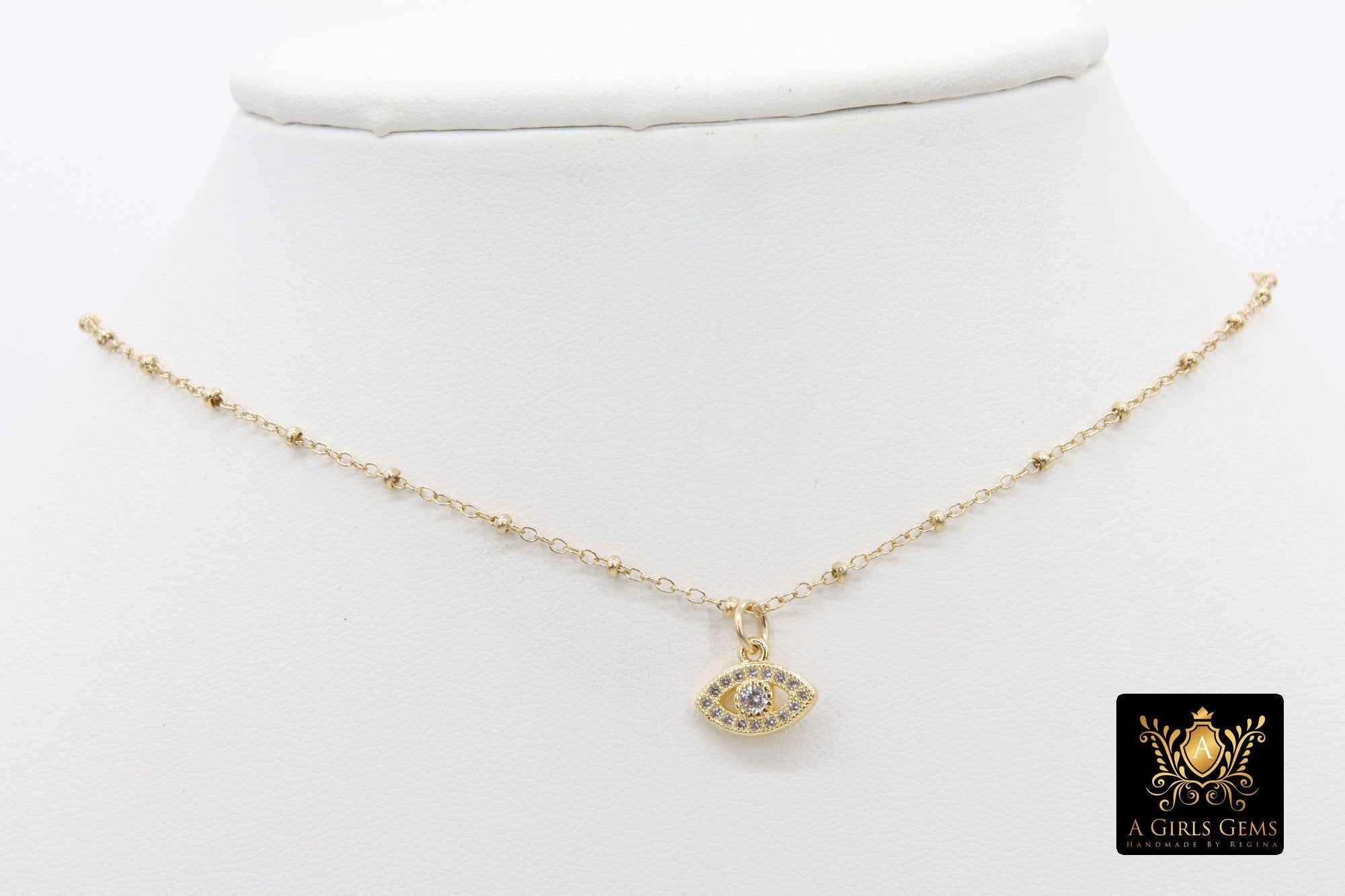 14 K Gold Filled Evil Eye Necklace, Beaded Satellite ChainChoker, Cubic Zirconia Turkish Greek Protection Jewelry