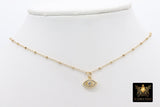 14 K Gold Filled Evil Eye Necklace, Beaded Satellite ChainChoker, Cubic Zirconia Turkish Greek Protection Jewelry