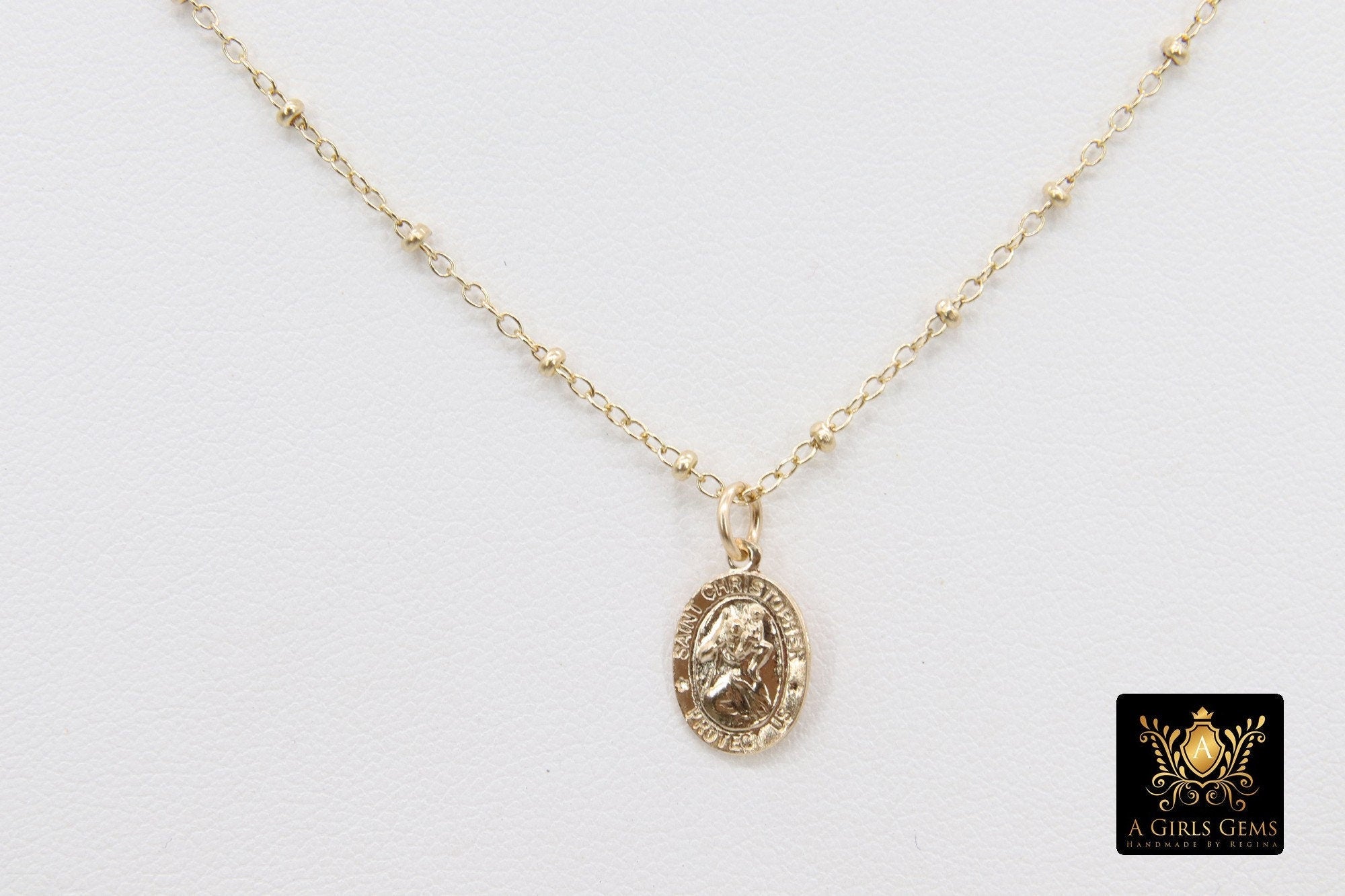 St. Christopher Necklace, 14 K Gold Filled Medallion Beaded Satellite Chain Choker, Traveler's Protection