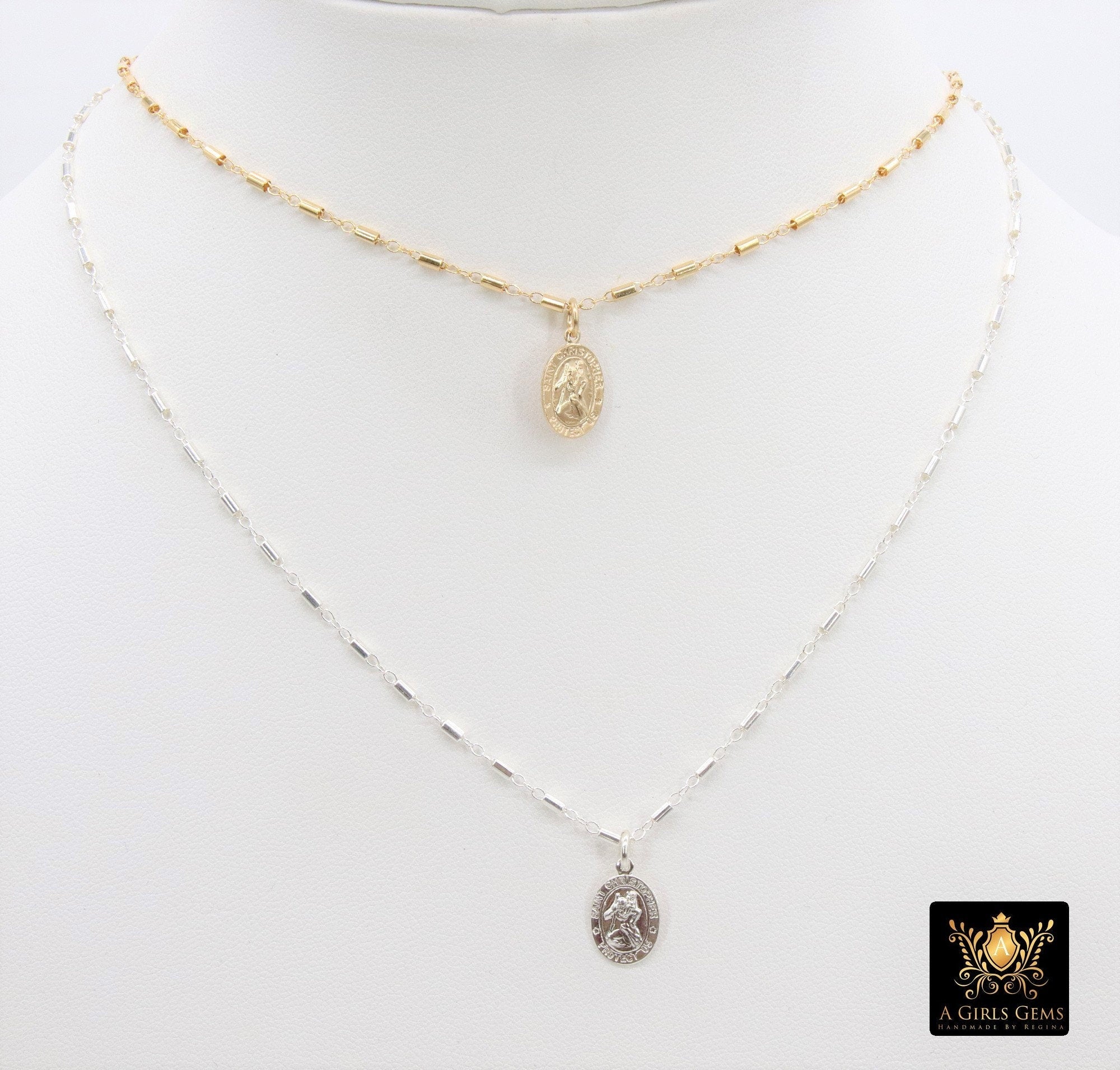 St. Christopher Necklace, 14 K Gold Filled Medallion Satellite Tube Beaded Chain Choker, Traveler's Protection