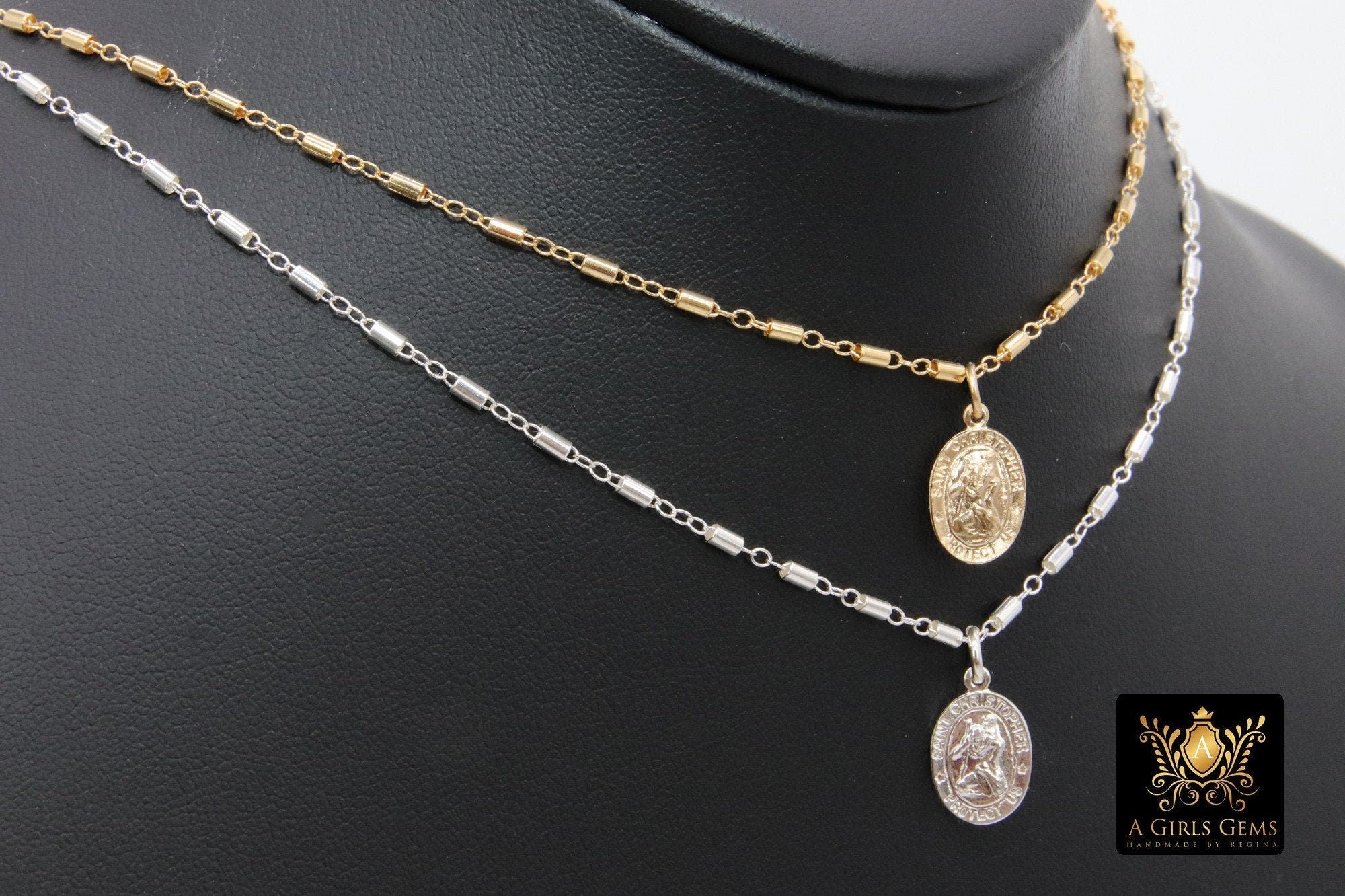 St. Christopher Necklace, 14 K Gold Filled Medallion Satellite Tube Beaded Chain Choker, Traveler's Protection