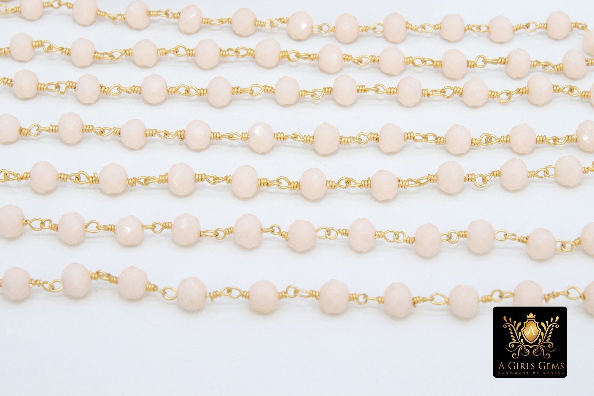 Light Cream Ivory Rosary Chain, 6 mm Gold Plated Beige Mystic Crystal CH #303, Wire Wrapped