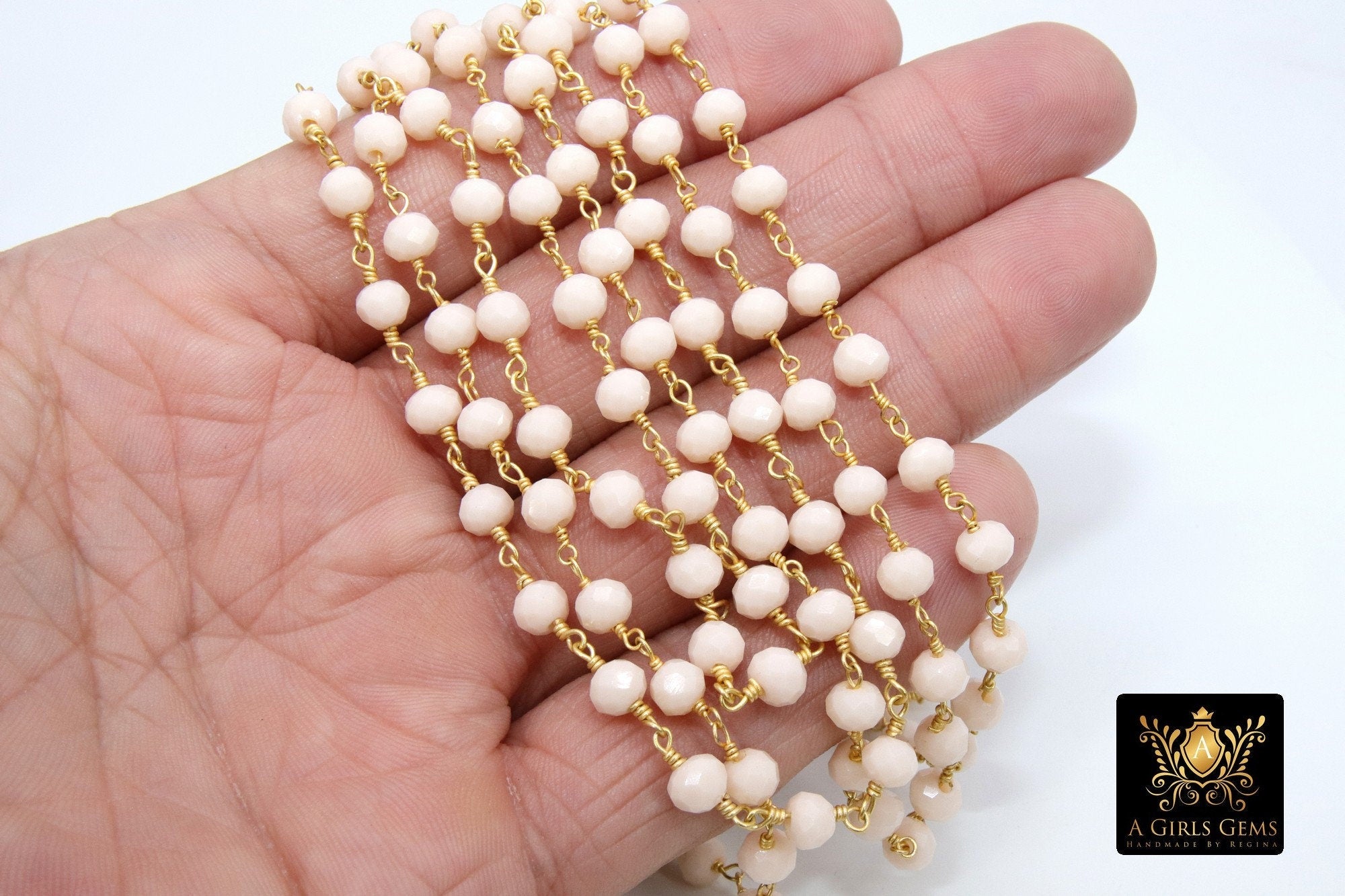 Light Cream Ivory Rosary Chain, 6 mm Gold Plated Beige Mystic Crystal CH #303, Wire Wrapped