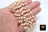 Light Cream Ivory Rosary Chain, 6 mm Gold Plated Beige Mystic Crystal CH #303, Wire Wrapped
