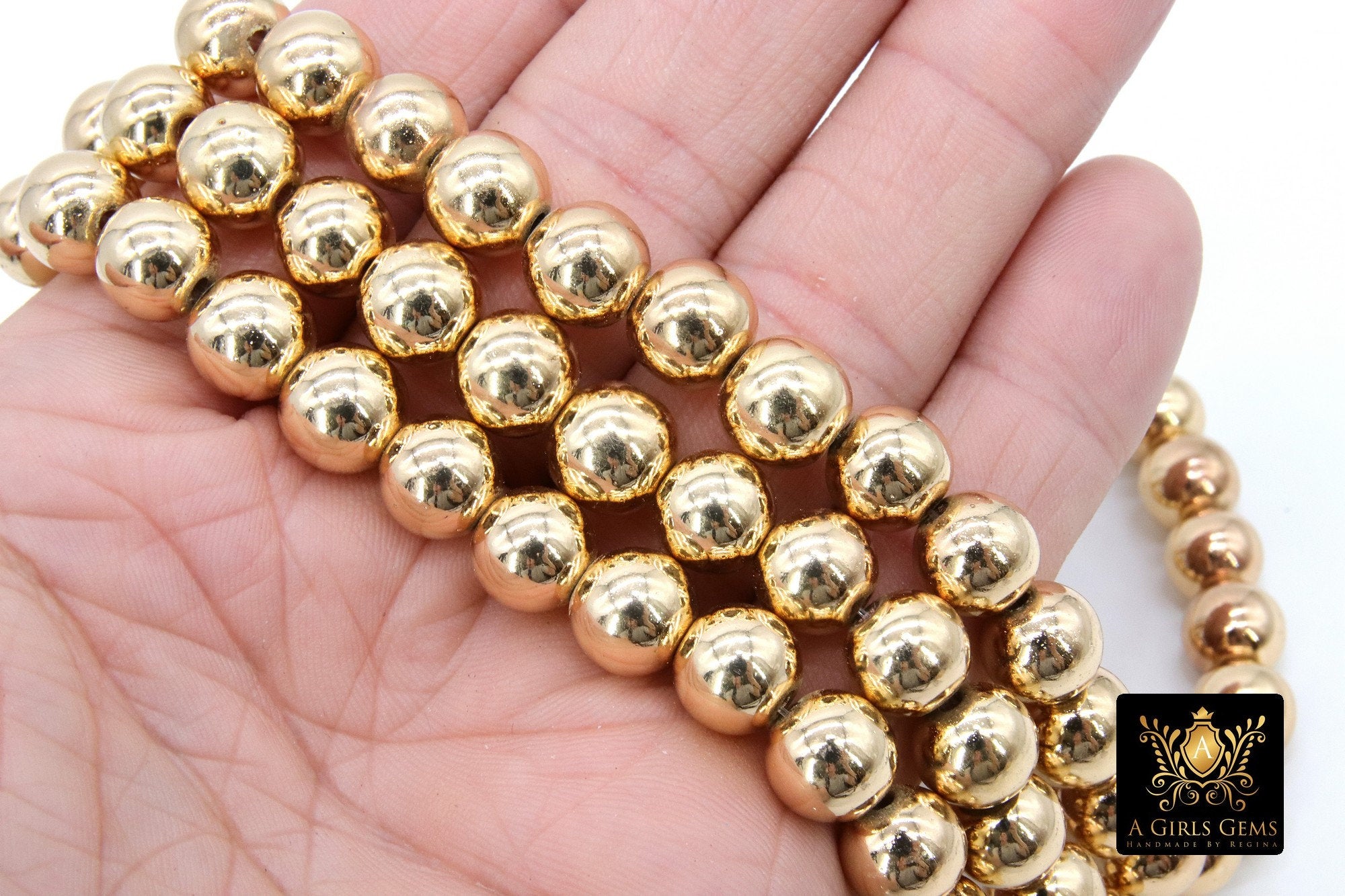 Gold Round Hematite Beads, Shimmery Smooth Polished 14 k Light Gold Color Non Magnetic Beads BS #93, sizes 10 mm 14 inch Strands