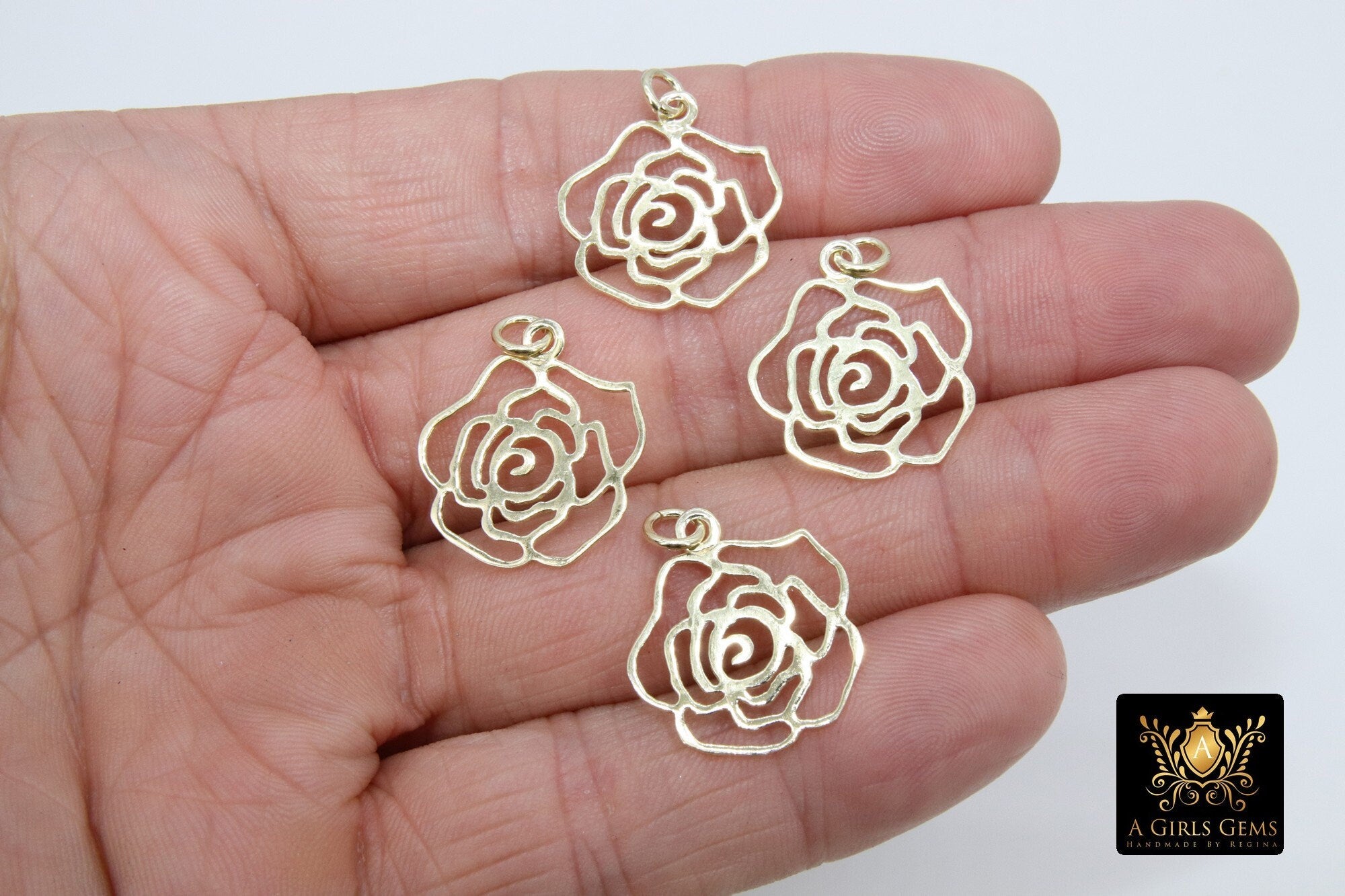 Gold Camellia Charms, Genuine Gold over 925 Silver Flower Charms #864, Rose Necklace Pendants