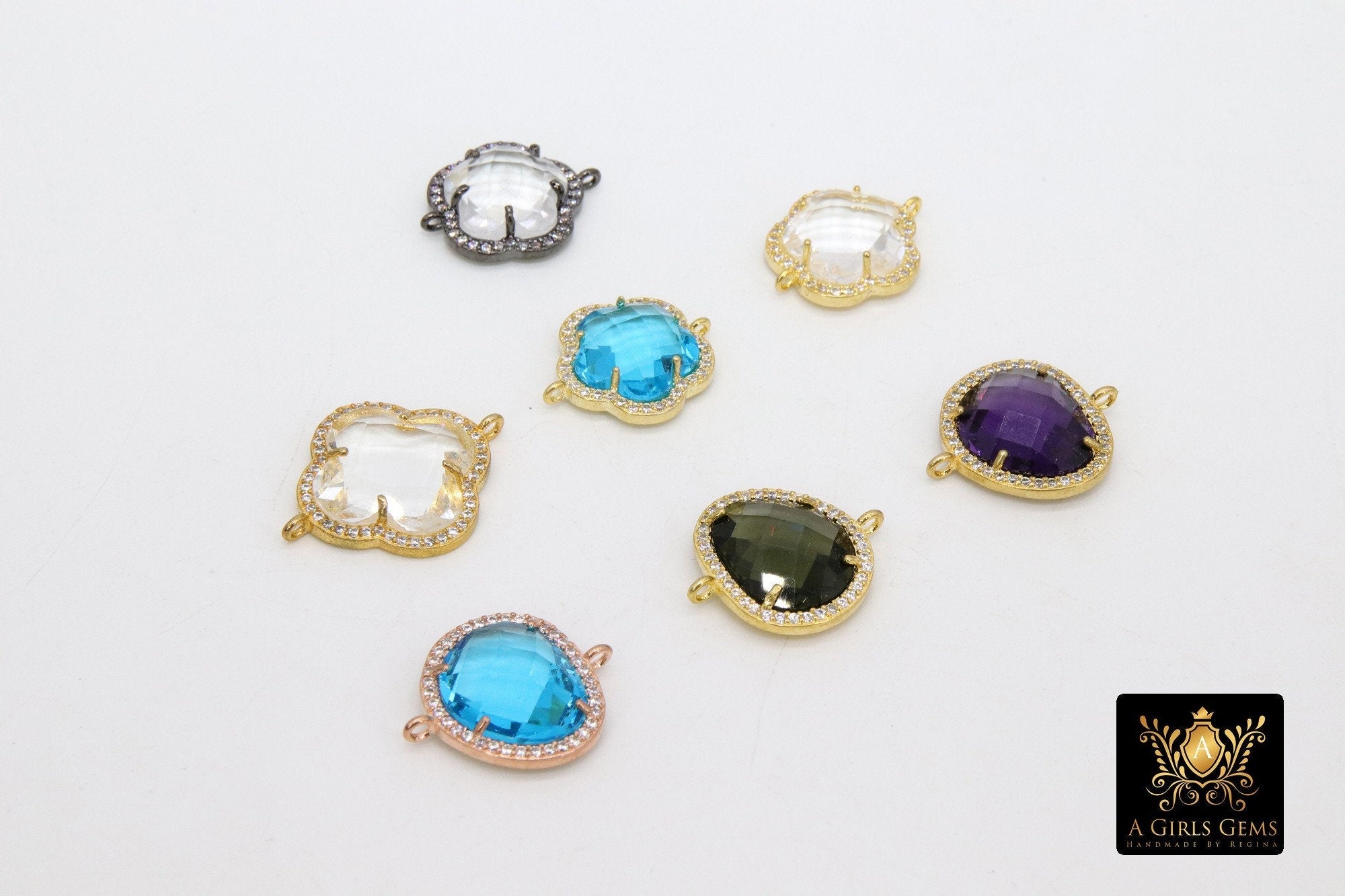 CZ Crystal Connector, Clear Gold Blue Bezel Links #163, Faceted Bracelet Rose Gold Connector Jewelry DIY Findings