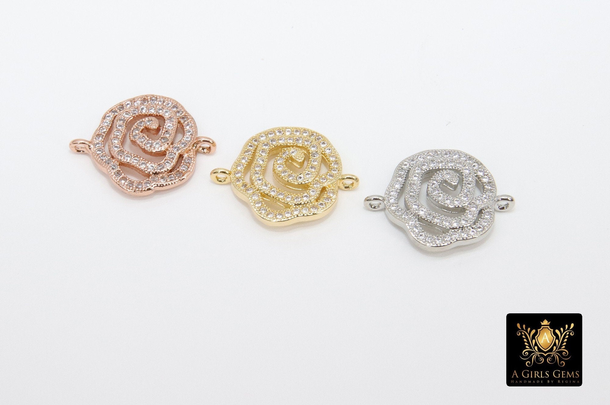 CZ Pave Camellia Charms, Silver Flower Charms #150, Rose Gold and Gold Necklace Findings