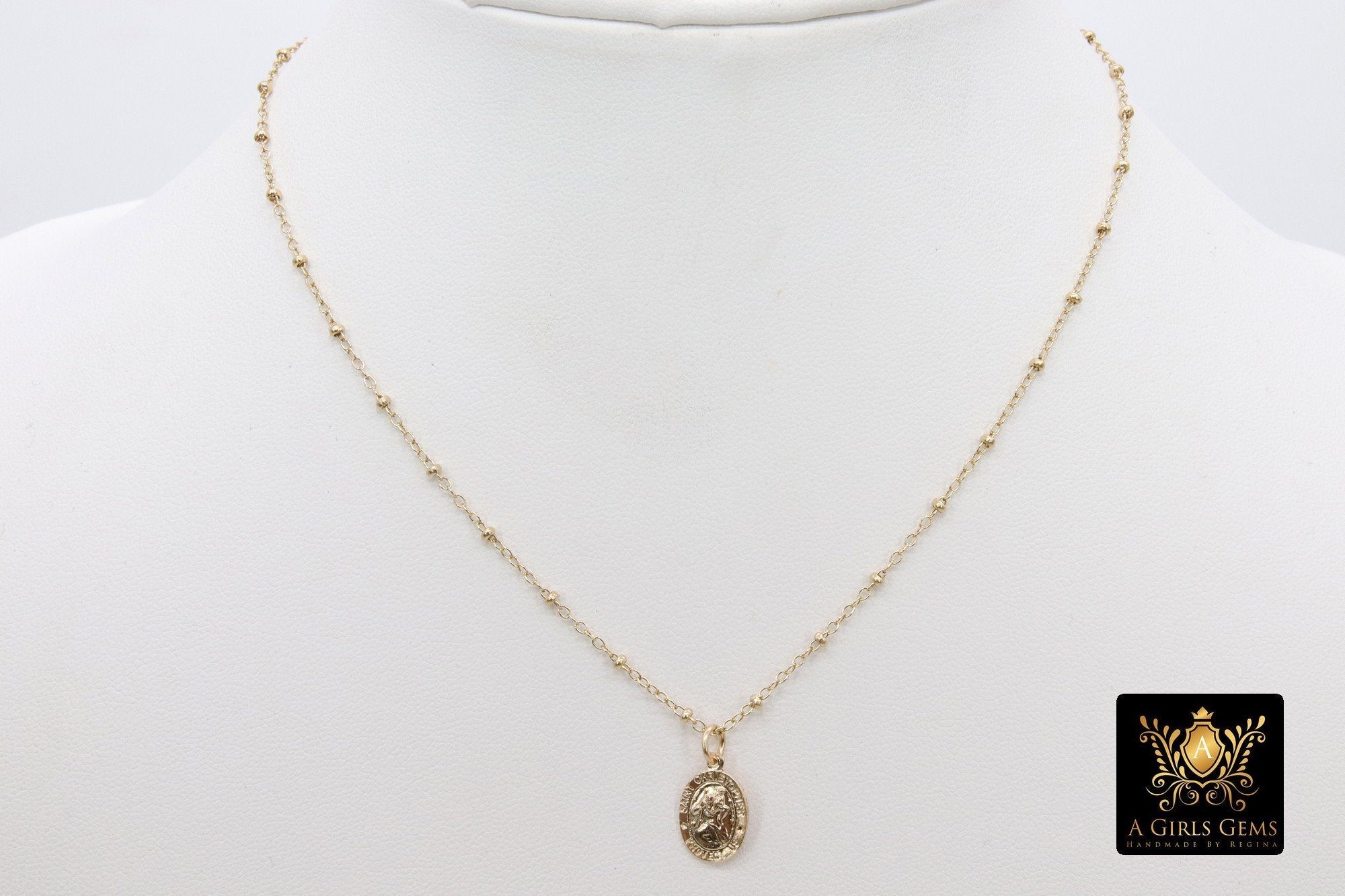 St. Christopher Necklace, 14 K Gold Filled Medallion Beaded Satellite Chain Choker, Traveler's Protection