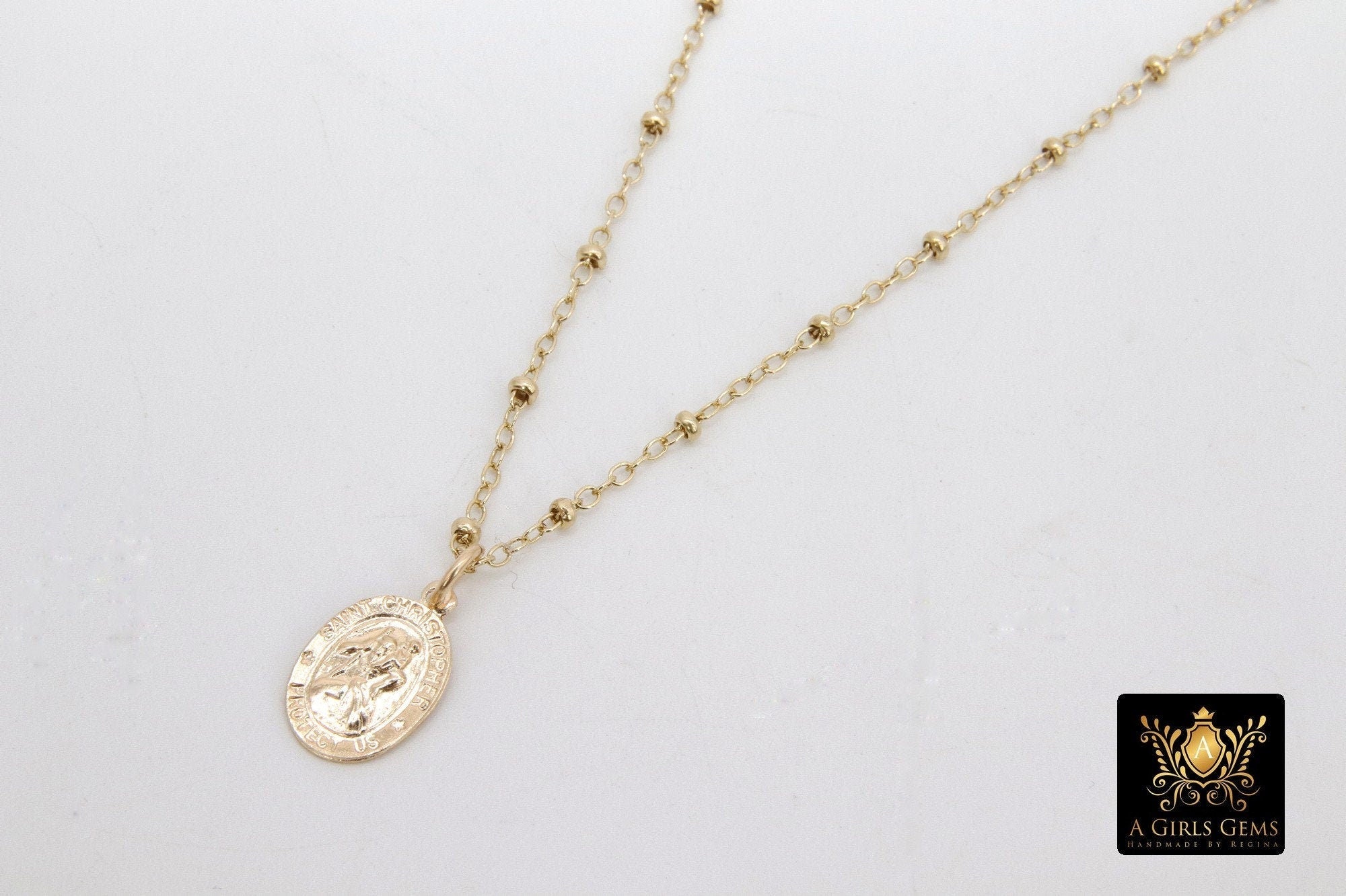 St. Christopher Necklace, 14 K Gold Filled Medallion Satellite Tube Beaded Chain Choker, Traveler's Protection