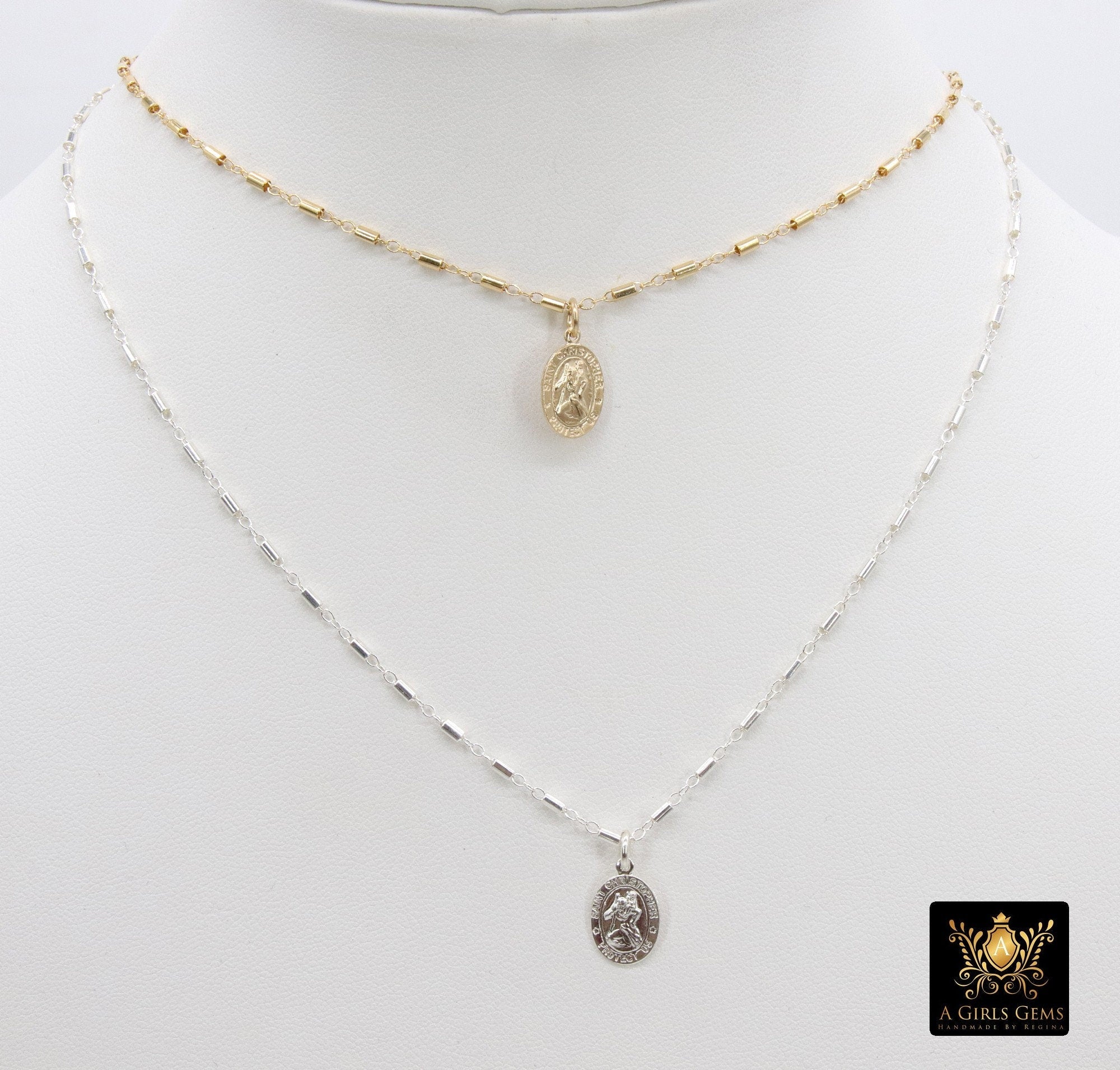 St. Christopher Necklace, 14 K Gold Filled Medallion Satellite Tube Beaded Chain Choker, Traveler's Protection