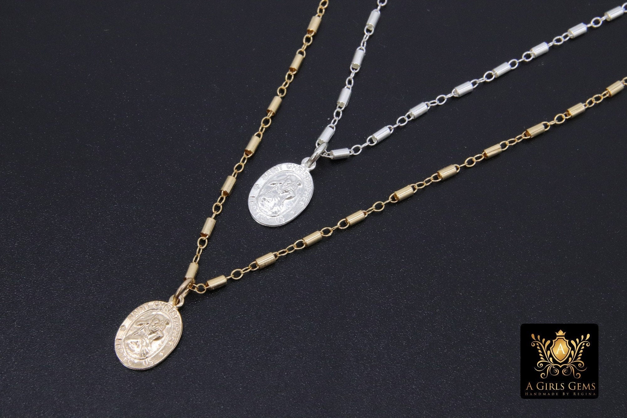 St. Christopher Necklace, 14 K Gold Filled Medallion Satellite Tube Beaded Chain Choker, Traveler's Protection