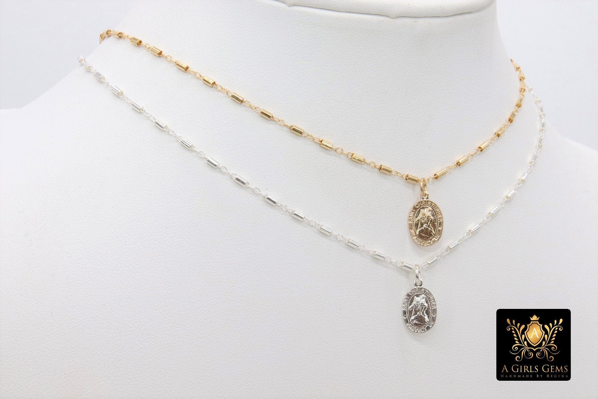 St. Christopher Necklace, 14 K Gold Filled Medallion Satellite Tube Beaded Chain Choker, Traveler's Protection
