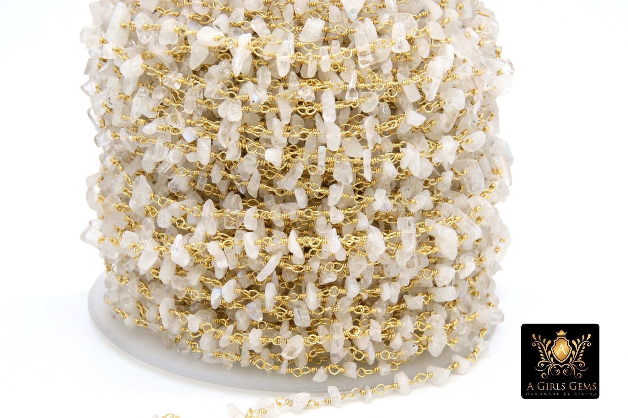 Natural Moonstone Rosary Nugget Chain, 4 mm Beaded Chips CH #347, Gold Wire Wrapped Rosary Chain