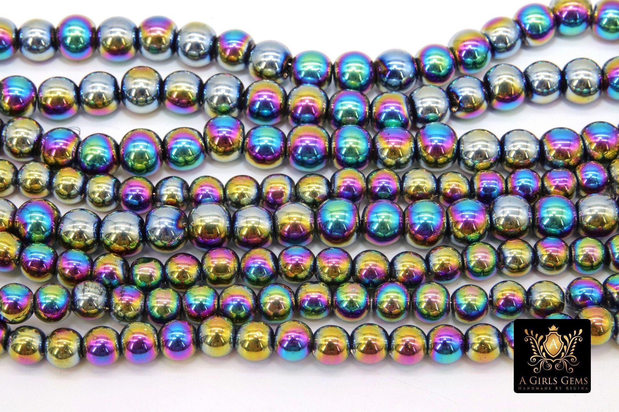 Titanium Multi Color Beads, Shimmery Smooth Glass Electroplate Beads BS #88, sizes 6 mm 8 mm 14 inch Strands