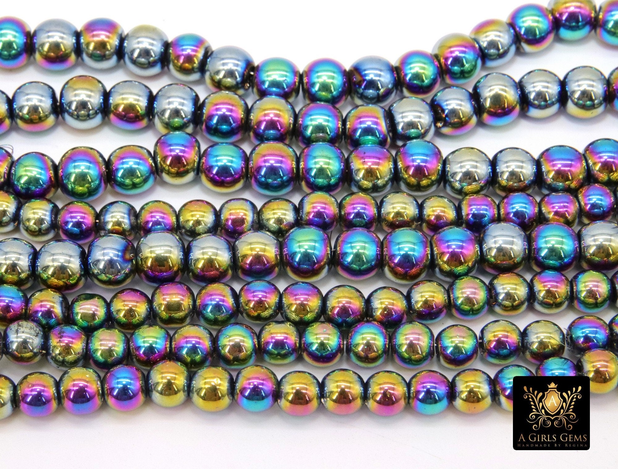 Titanium Multi Color Beads, Shimmery Smooth Glass Electroplate Beads BS #88, sizes 6 mm 8 mm 14 inch Strands