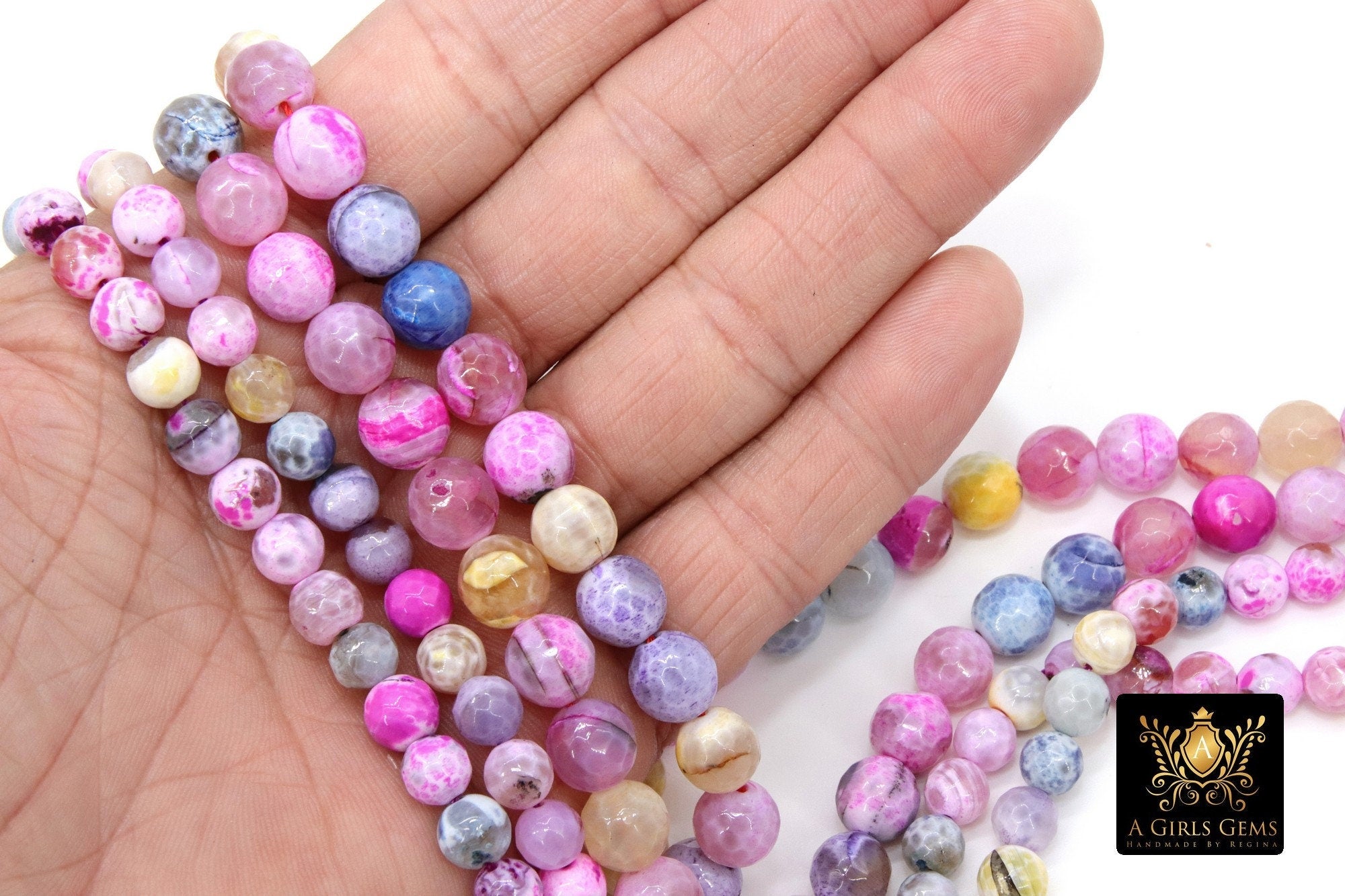 Blue and Pink Fire Agate Beads, Faceted Lavender White Pattern Beads BS #108, sizes in 8 mm 10 mm 14 inch FULL Strands