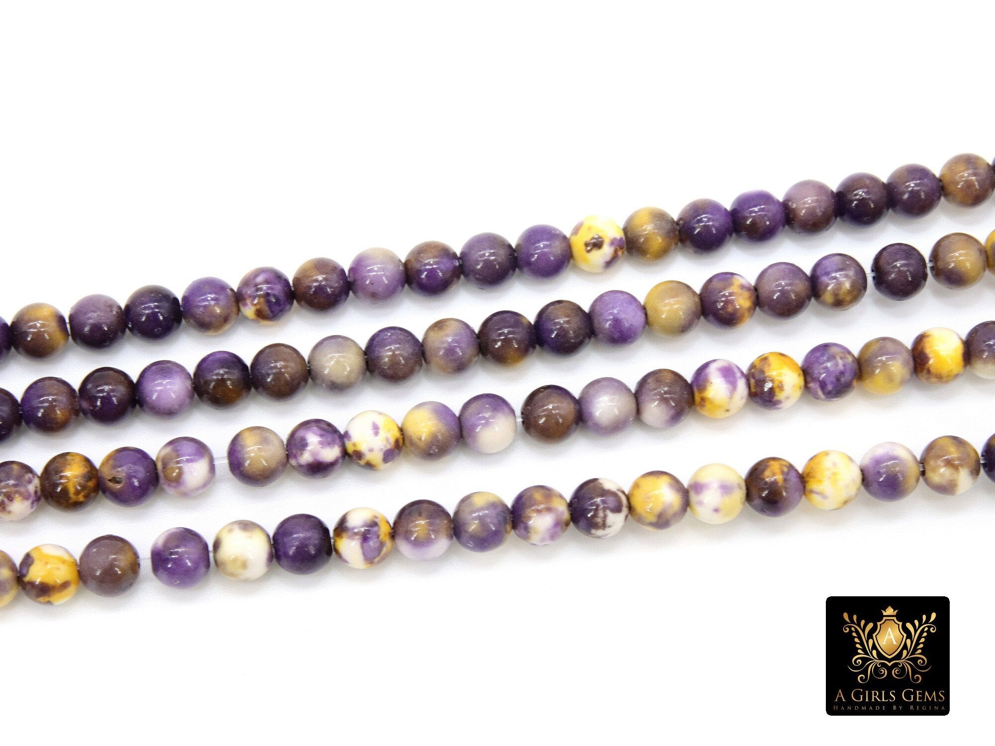 Purple and Gold Beads, Smooth Mixed Yellow Purple Jade Beads BS #95, LSU Jewelry Beads sizes 6 mm 16.5 inch Strands