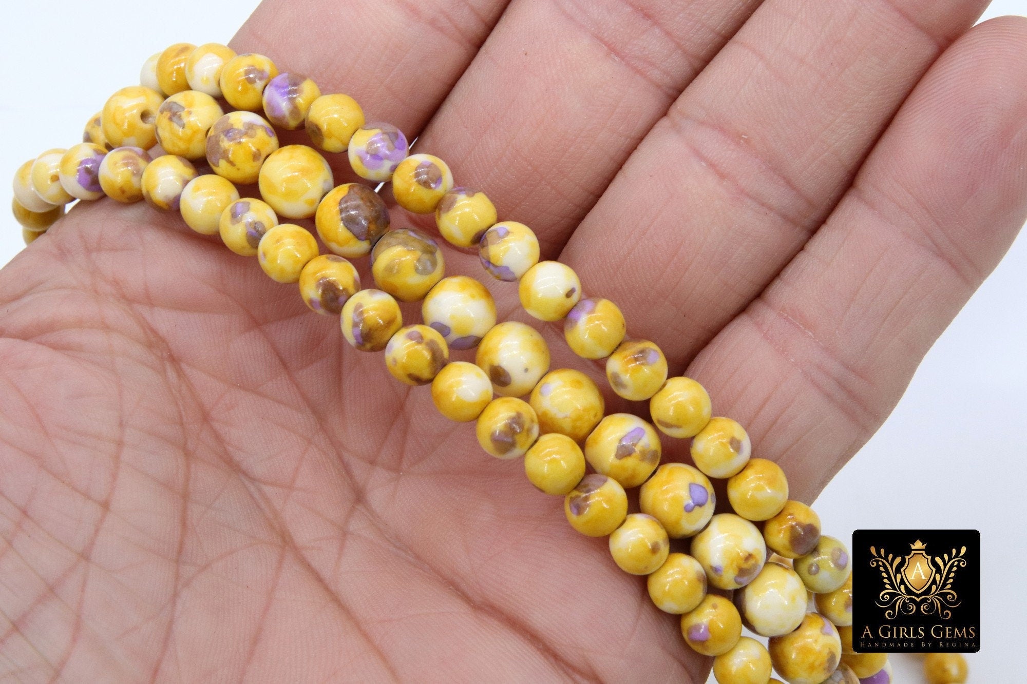 Purple and Gold Beads, Smooth Mixed Yellow Purple Jade Beads BS #97, LSU Jewelry Beads sizes 6 mm or 8 mm 15.75 inch Strands