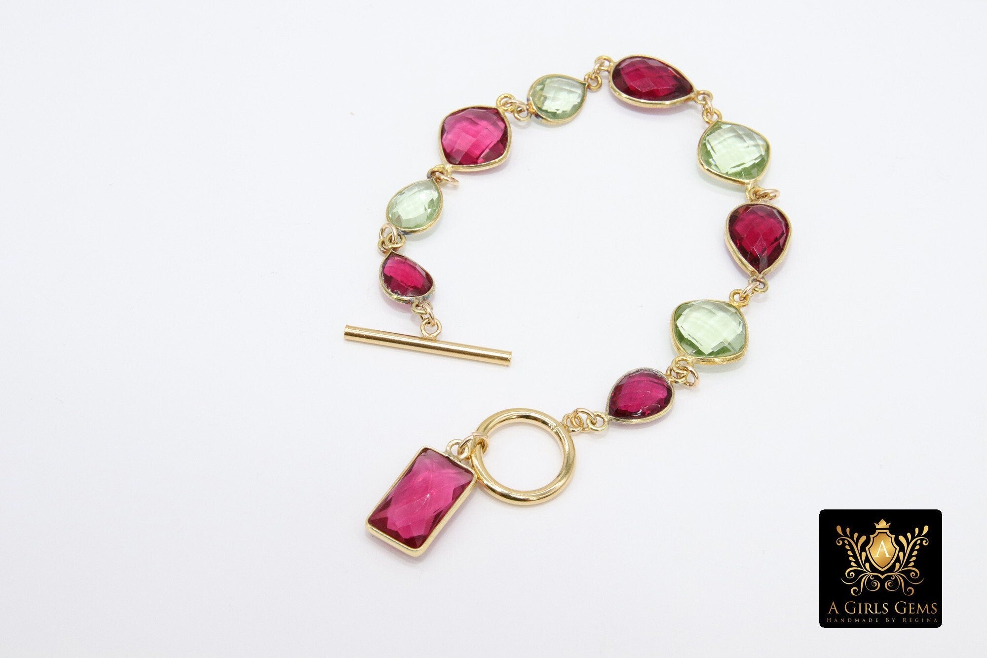 Pink Tourmaline Bracelet, Gold Filled Green Amethyst Gemstone Toggle Bar Bracelet, Boho Stacking Bracelet with Charm by Regina Harp Designs