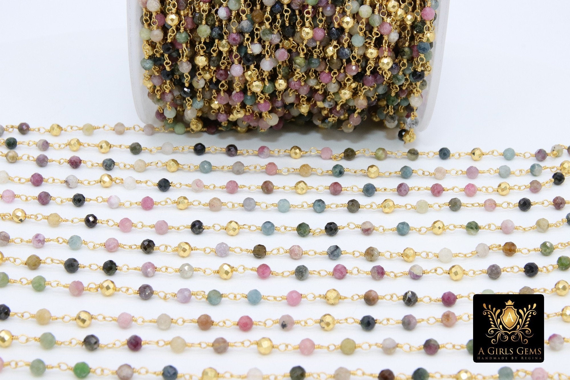 22 k Gold Natural Multi Tourmaline Rosary Chain, Unfinished 4 mm Gold Pyrite Beaded Wire Wrapped, Mixed Tourmaline Diamond Cut Gemstones