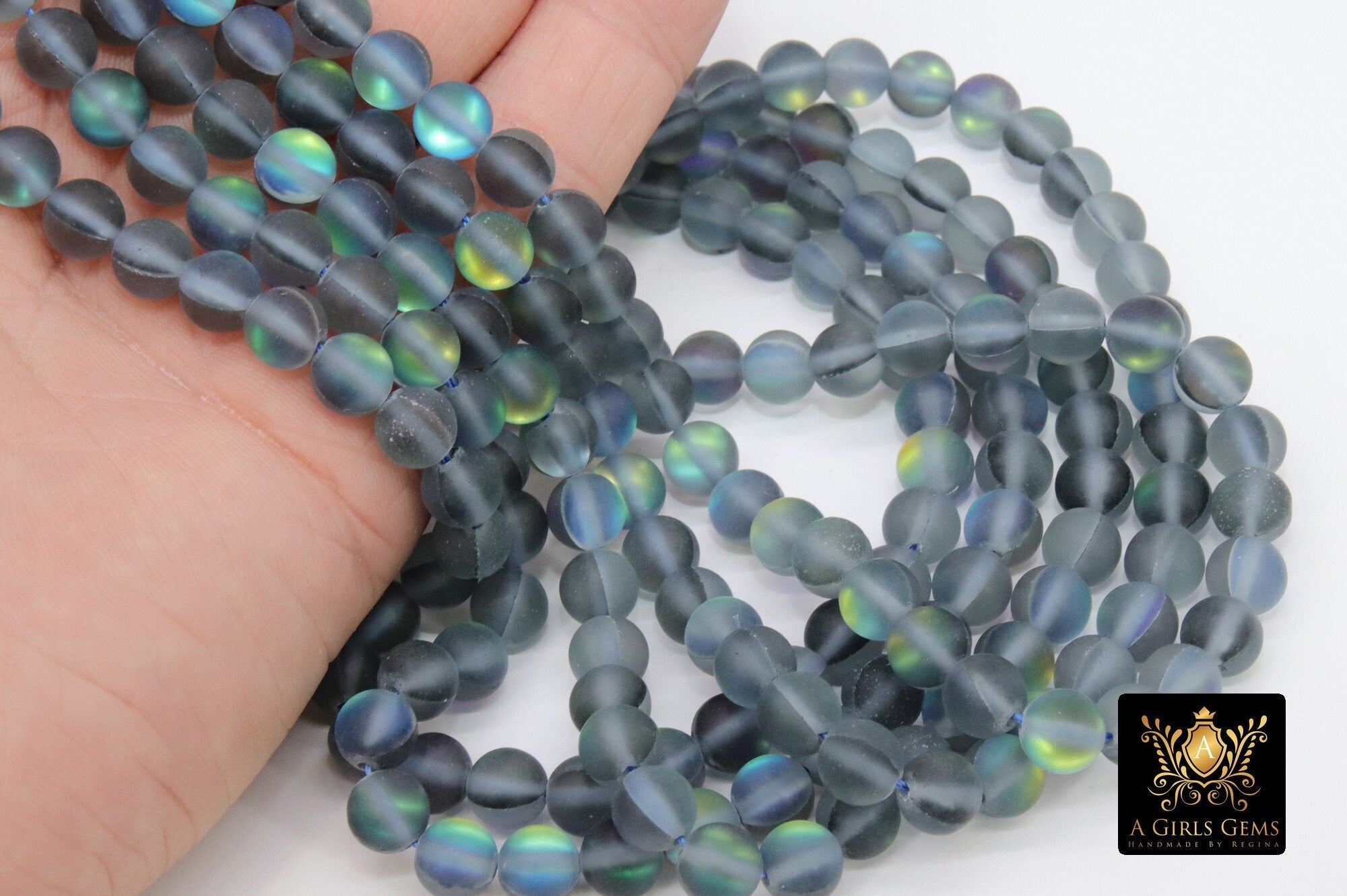 Gray Baby Blue AB Beads, Frosted Aqua Iridescent Beads BS #114, sizes in 8 mm 15.25 inch FULL Strands