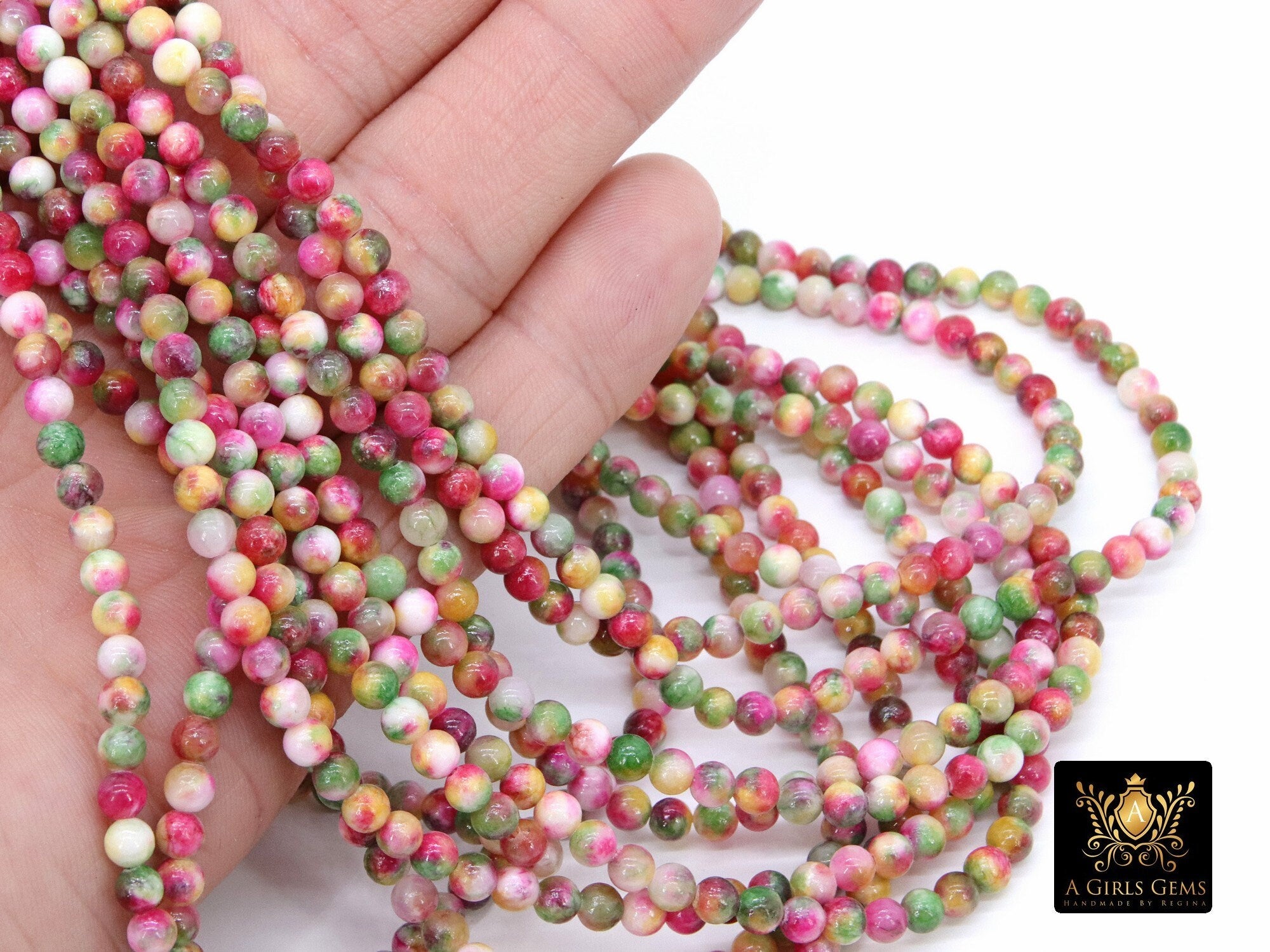 Pink and Mint Green Beads, Smooth Mixed Strawberry Red BS #2, Marble Jade Dyed Beads