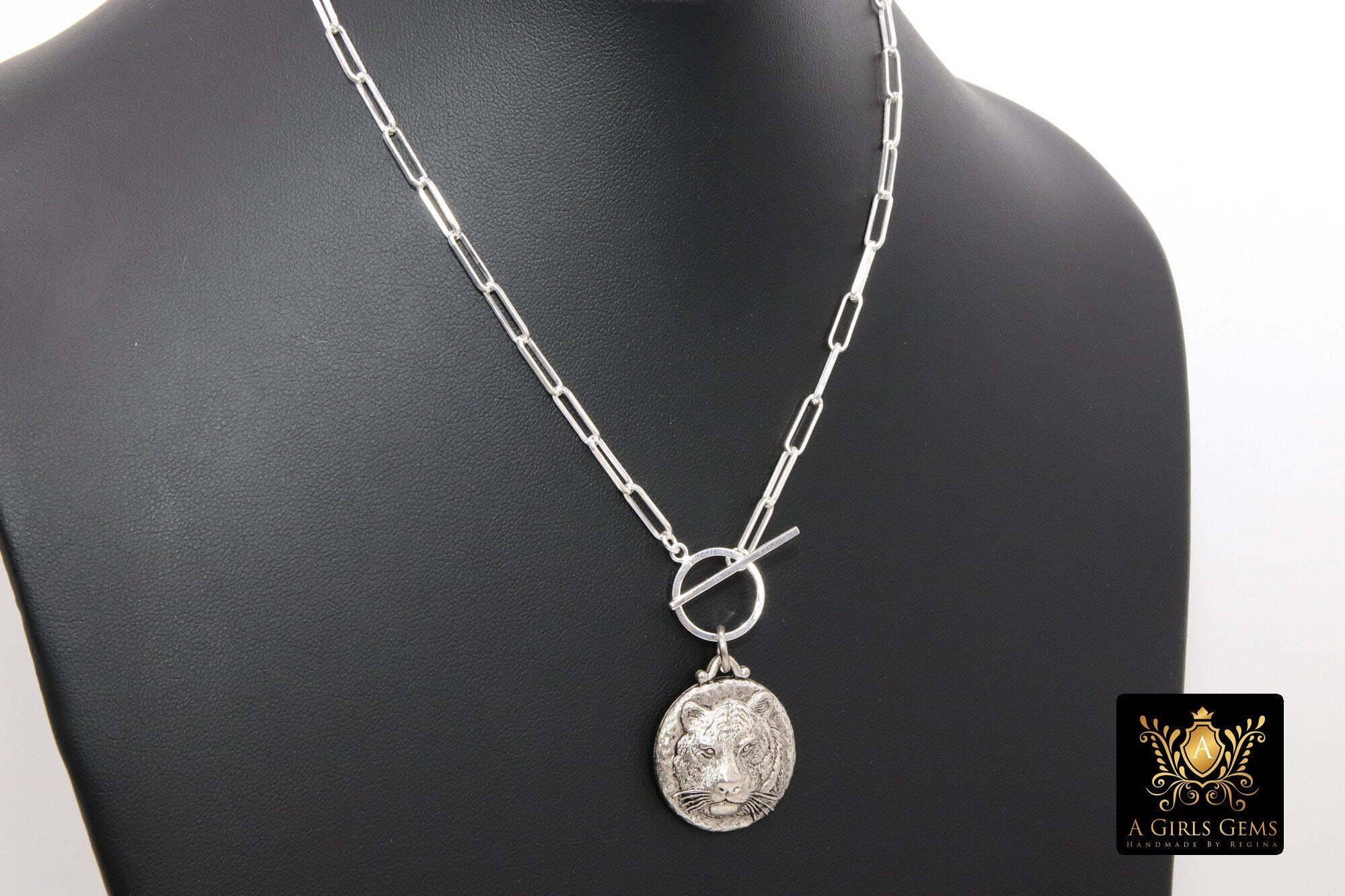 Tiger Head Chain Necklace, 925 Sterling Silver Toggle, Rectangle Chunky Drawn Chain